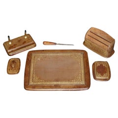 Retro circa 1950's Liberty's London Gold Gilt Tan Brown Leather Desk Suite Pad Etc