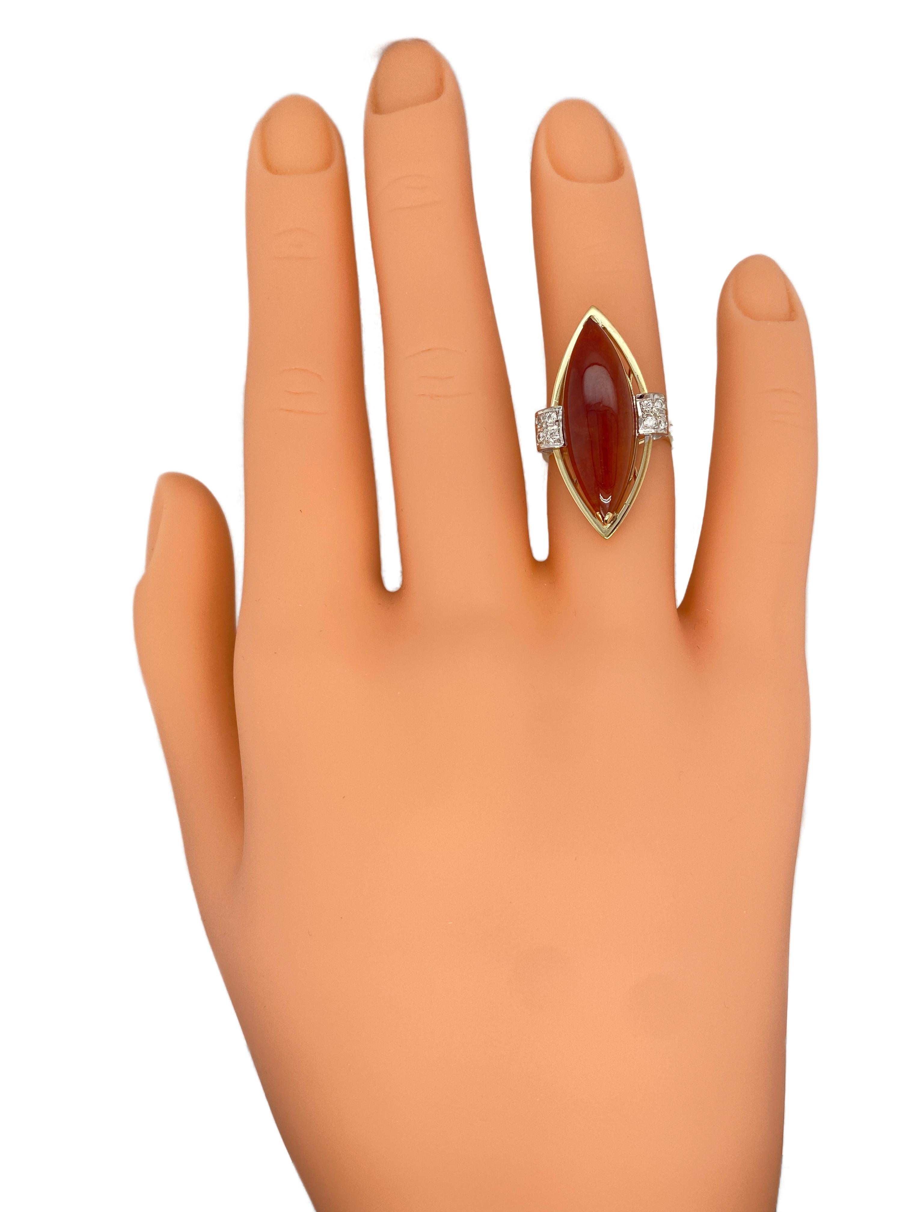 Art Deco Circa 1950s Marquise Carnelian and Diamond Cocktail Ring in 14K Gold For Sale