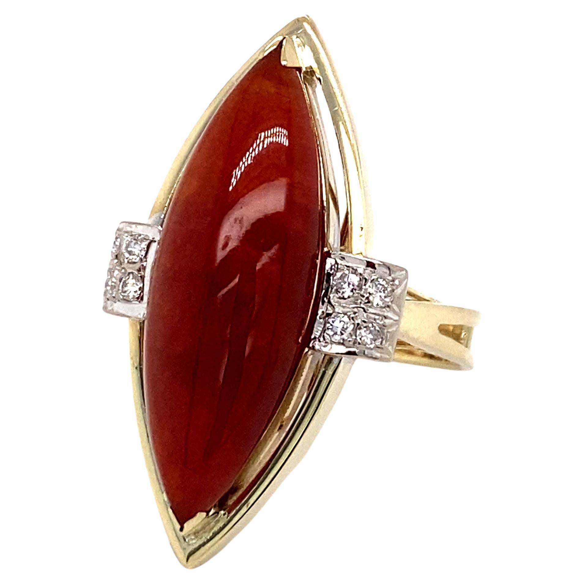 Circa 1950s Marquise Carnelian and Diamond Cocktail Ring in 14K Gold