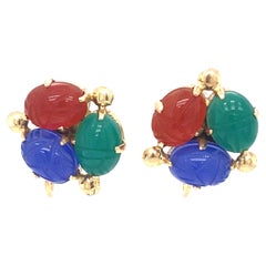 Circa 1950s Multi Gemstone Carved Scarab Screw Back Earrings in 14 Karat Gold