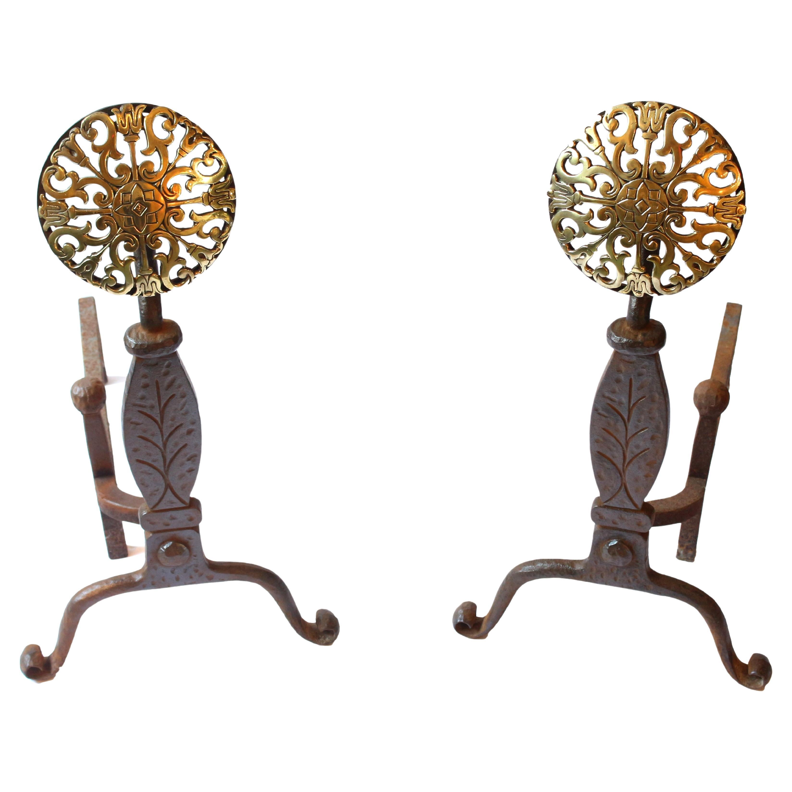 Circa 1950s Pair of Iron & Brass Andirons by Virginia Metalcrafters