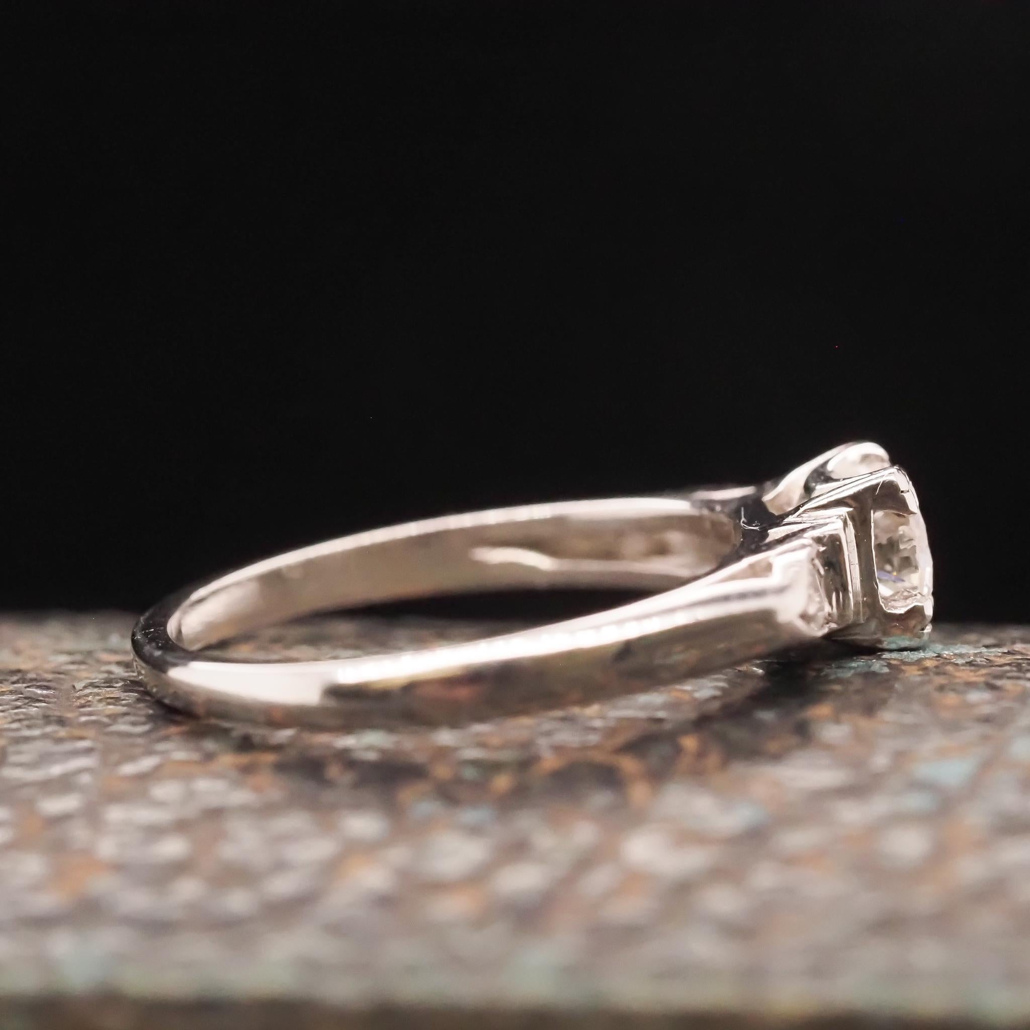 Circa 1950s Platinum .35ct Transitional European Cut Diamond Engagement Ring In Good Condition For Sale In Atlanta, GA