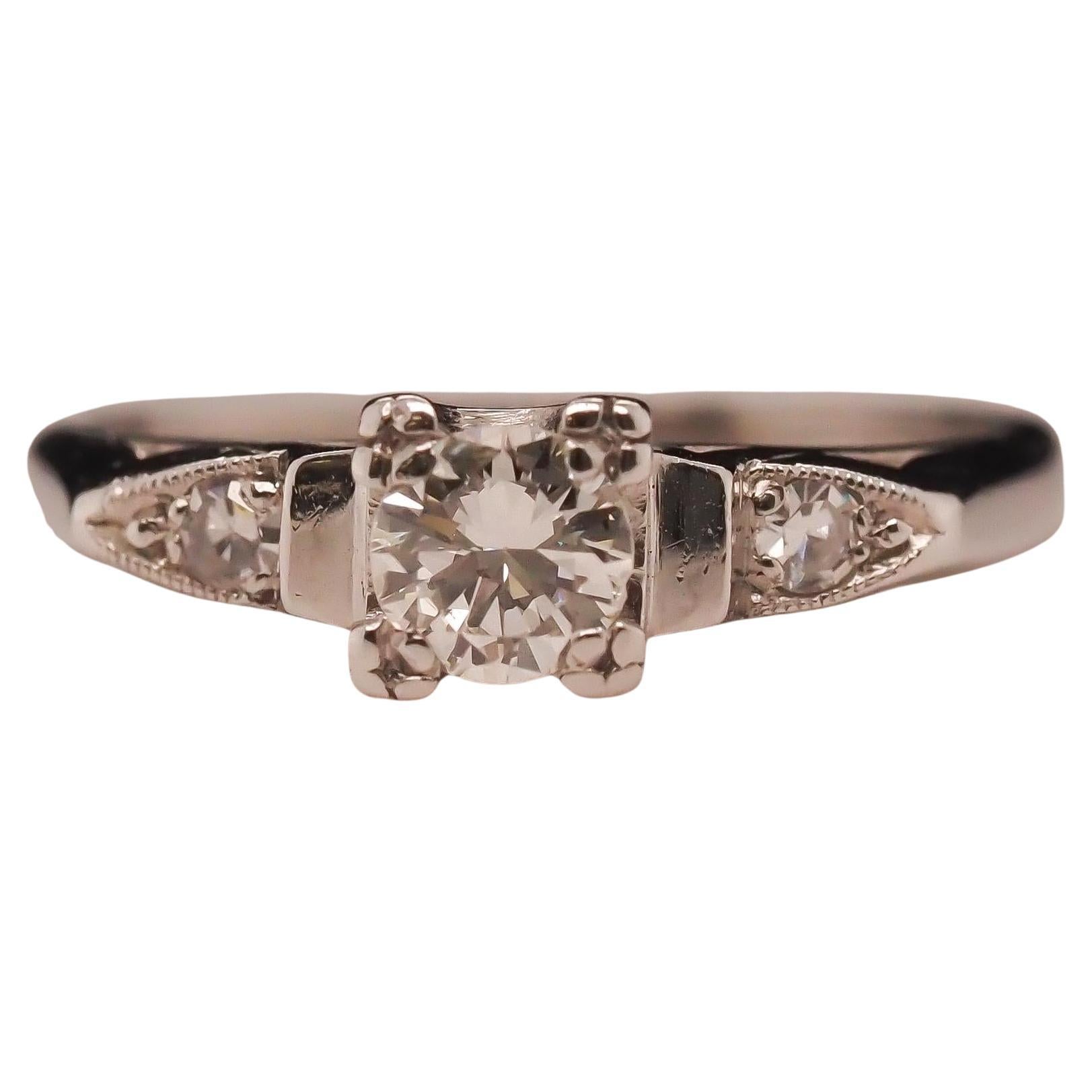 Circa 1950s Platinum .35ct Transitional European Cut Diamond Engagement Ring For Sale