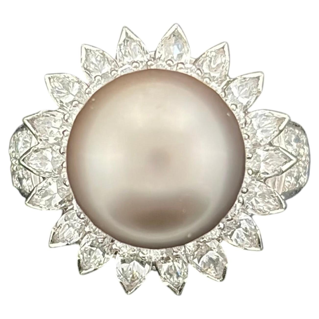 Circa 1950s Platinum, Black South Sea Pearl & Diamond Burst Ring (3.10 ctw)
