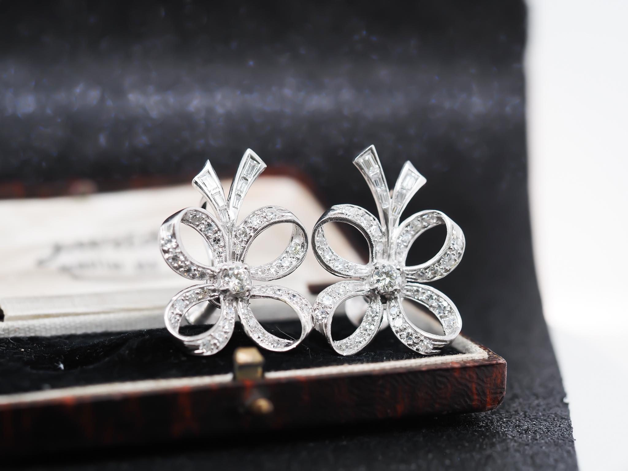 Circa 1950s Platinum Diamond Clover Earrings For Sale 1