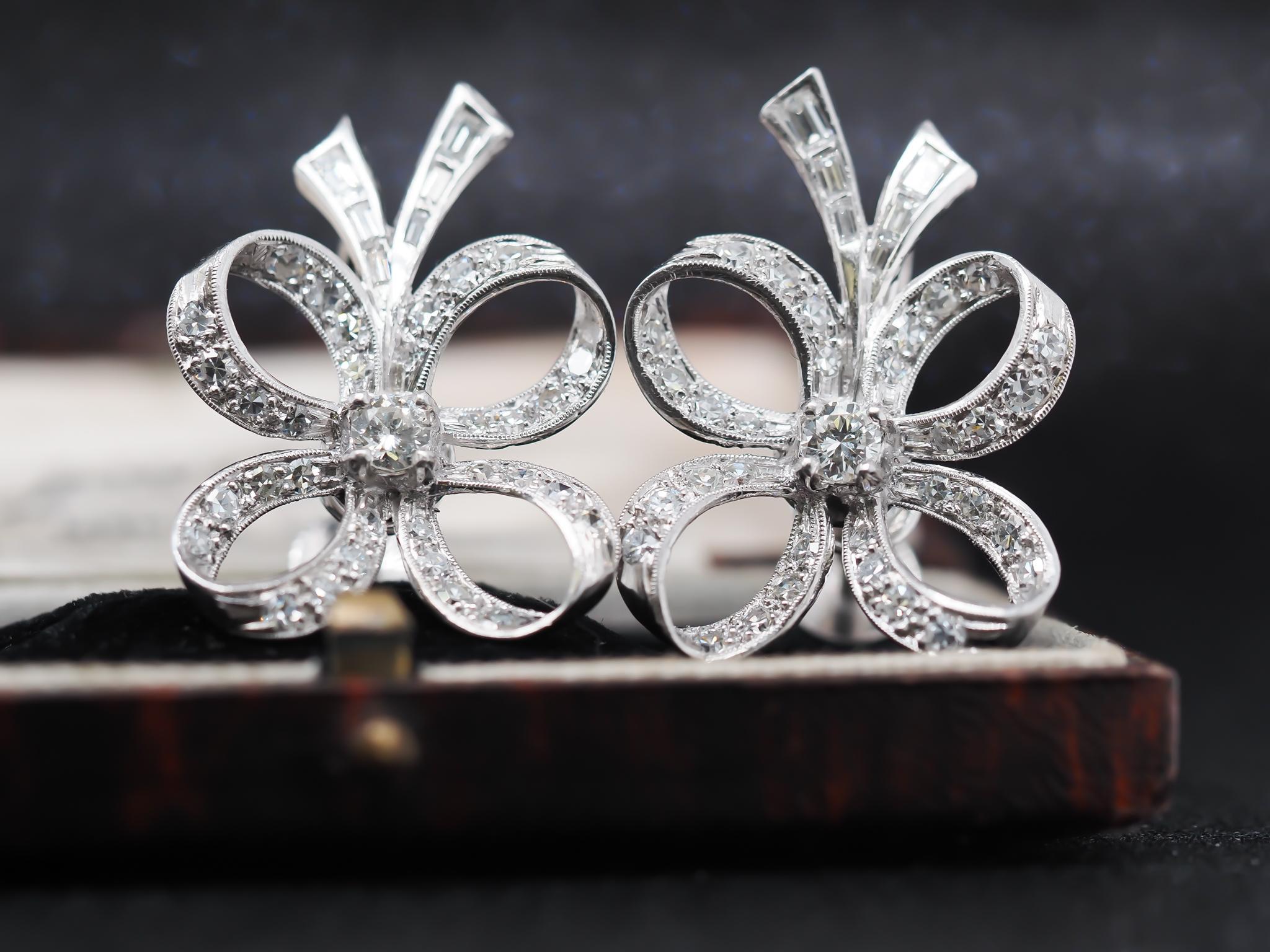 Circa 1950s Platinum Diamond Clover Earrings For Sale 2