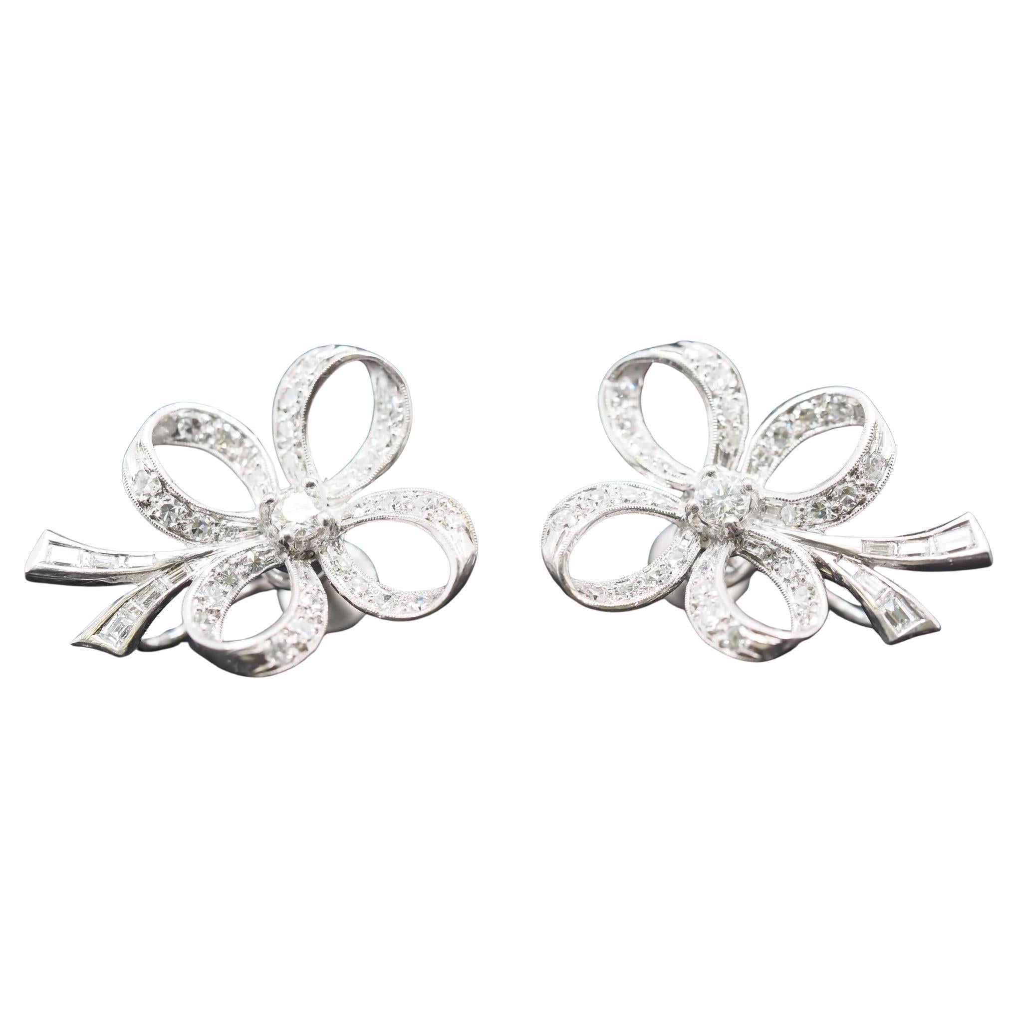Circa 1950s Platinum Diamond Clover Earrings For Sale