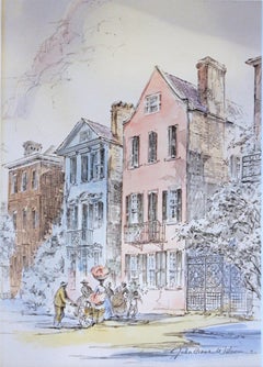Circa 1950s "Rainbow Row" American Hand Colored Print by Julia Homer Wilson.