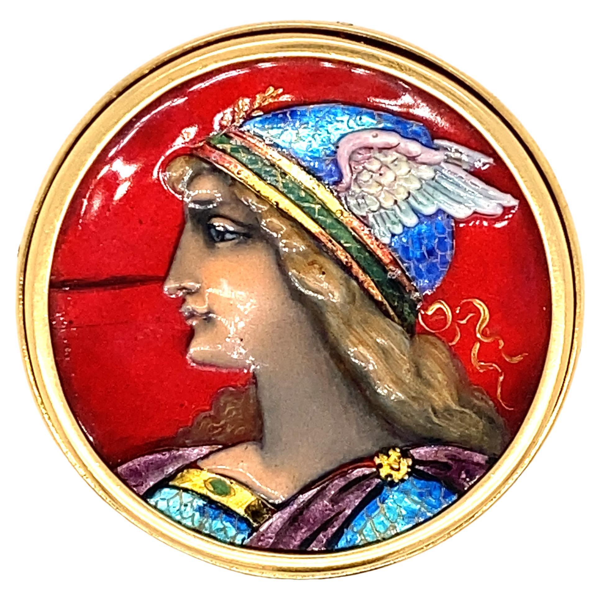 circa 1950s Swiss Made Enamel Portrait Brooch in 18 Karat Gold