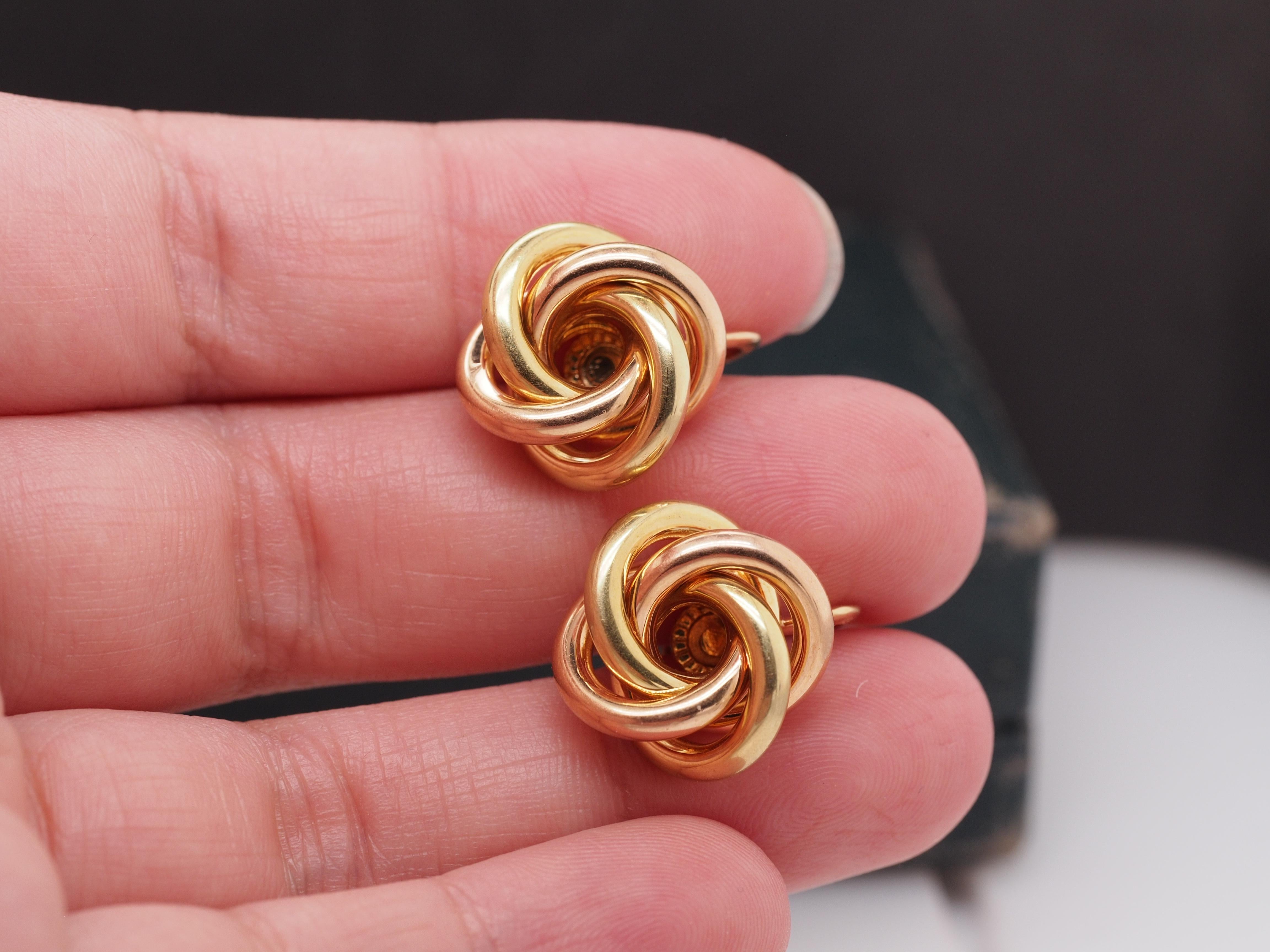 Circa 1950s Tiffany & Co 14K Yellow and Rose Gold Knot Earrings For Sale 1