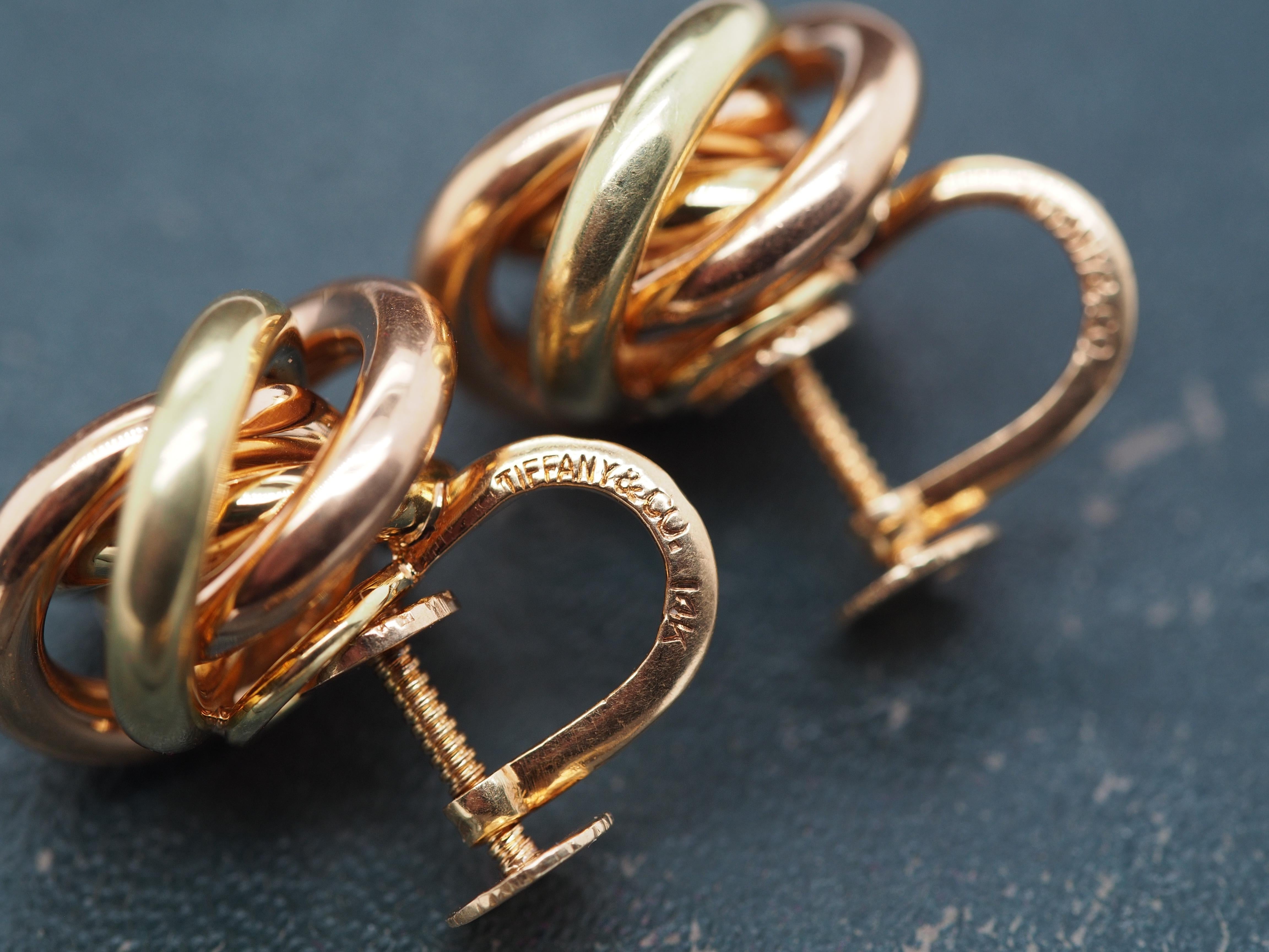Circa 1950s Tiffany & Co 14K Yellow and Rose Gold Knot Earrings For Sale 2