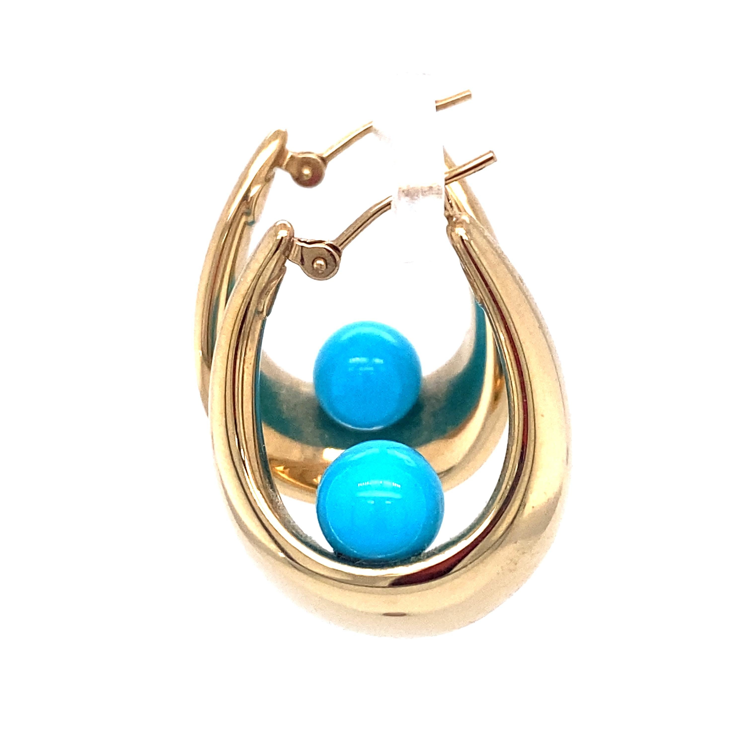 Women's or Men's Circa 1950s Turquoise Bead Hoop Earrings in 14K Gold