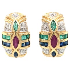 Orecchini Tutti Frutti in oro 14K con diamanti, smeraldi, zaffiri e rubini, risalenti al 1950 circa