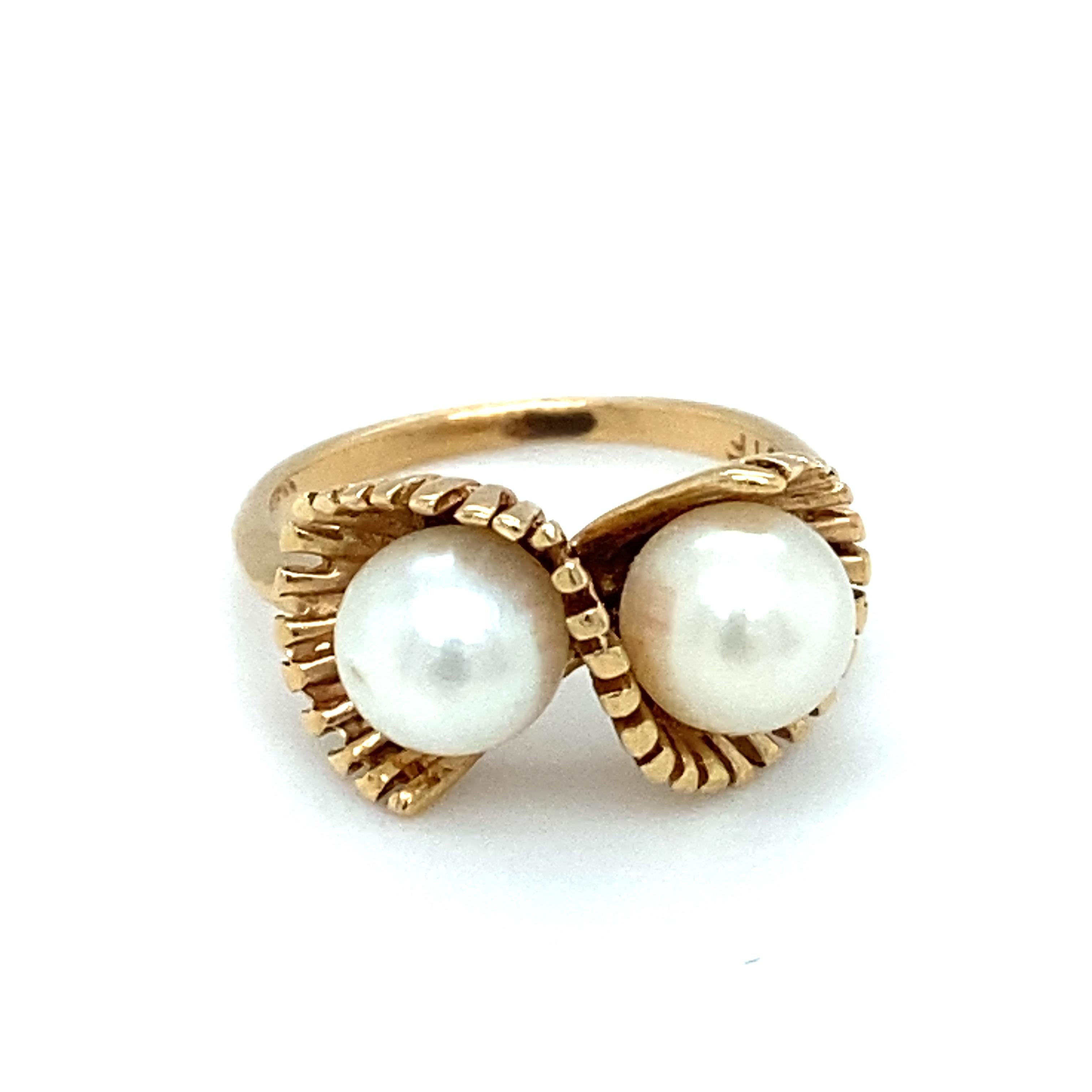 Uncut Circa 1950s Twin Pearl Ring in 14 Karat Gold For Sale