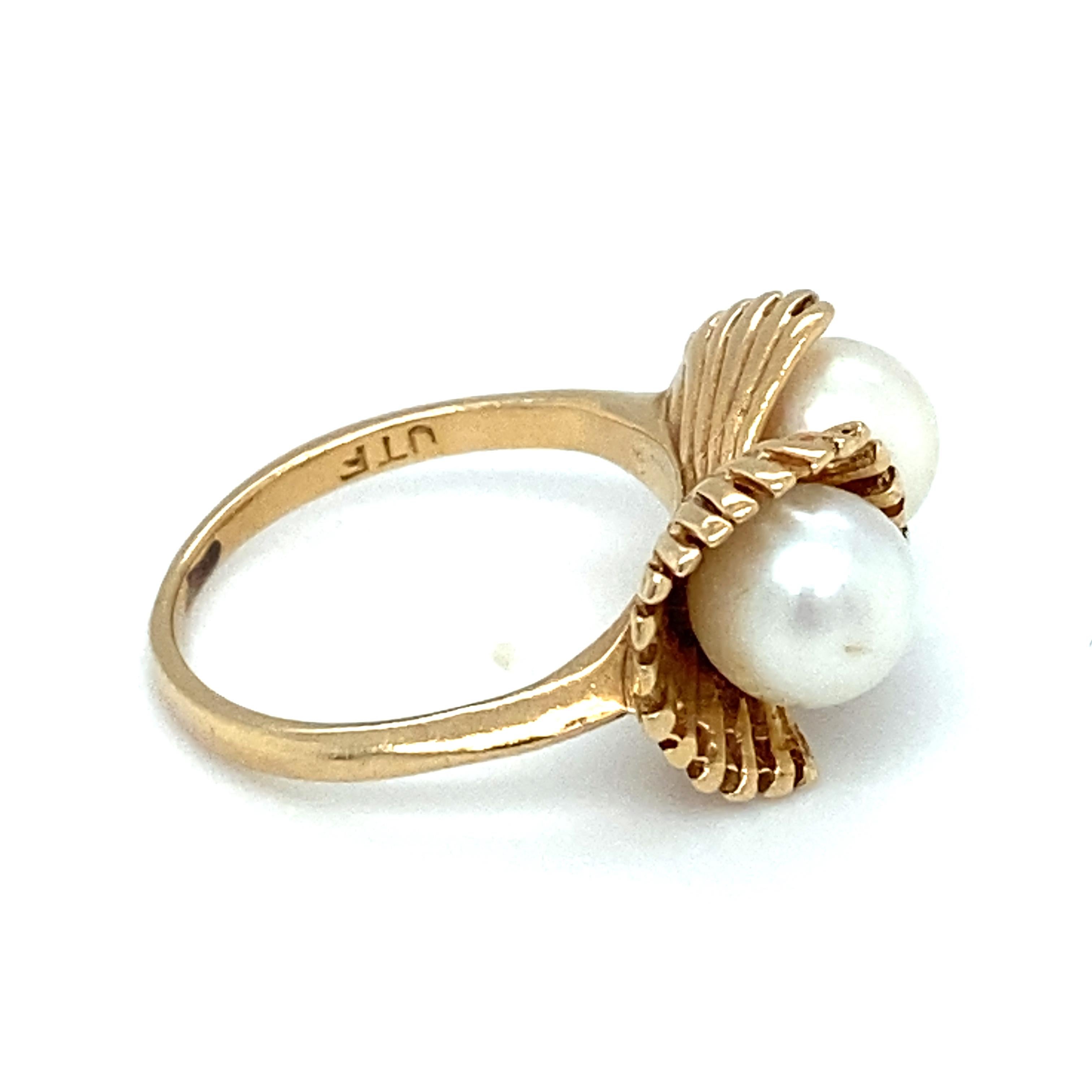 Women's or Men's Circa 1950s Twin Pearl Ring in 14 Karat Gold For Sale