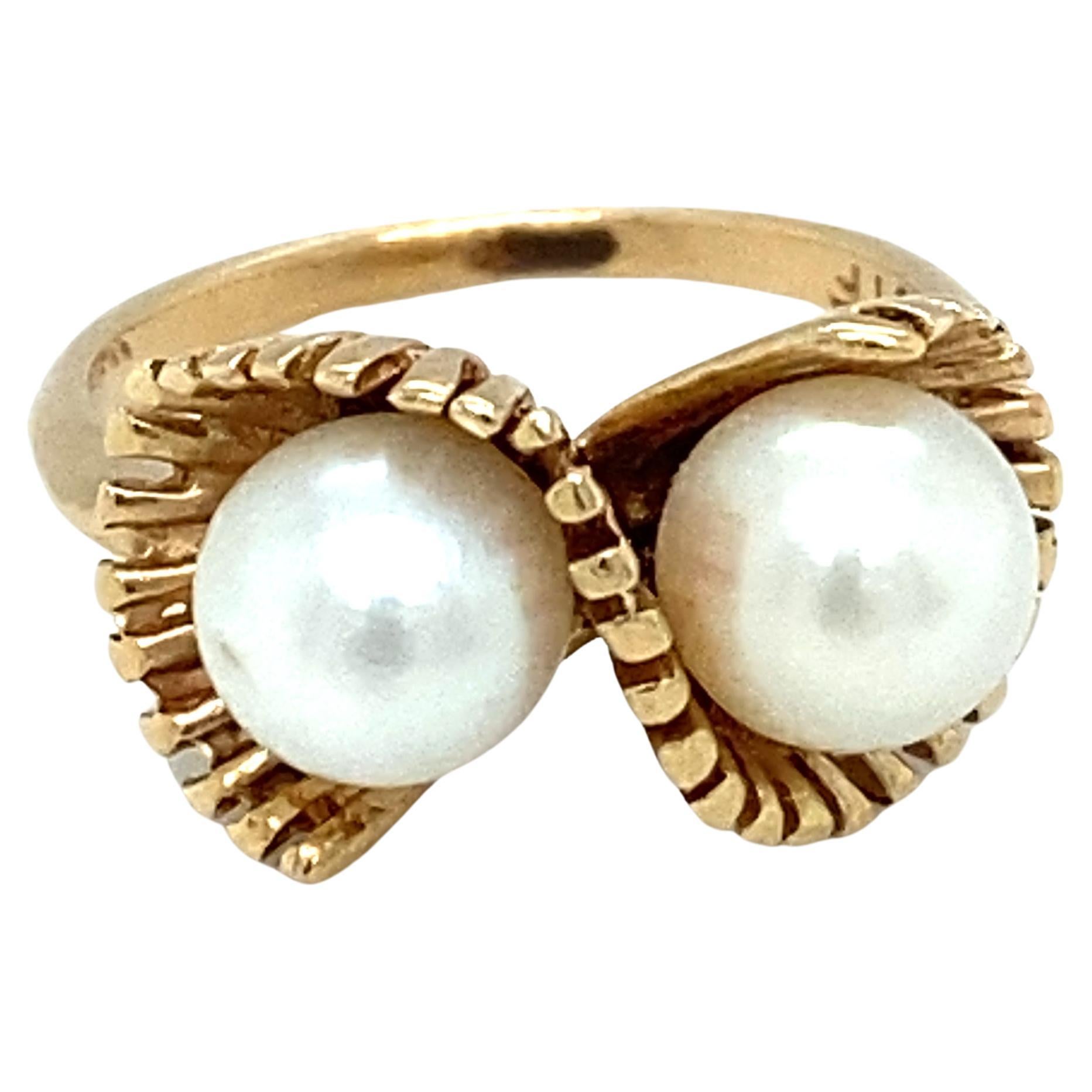 Circa 1950s Twin Pearl Ring in 14 Karat Gold For Sale
