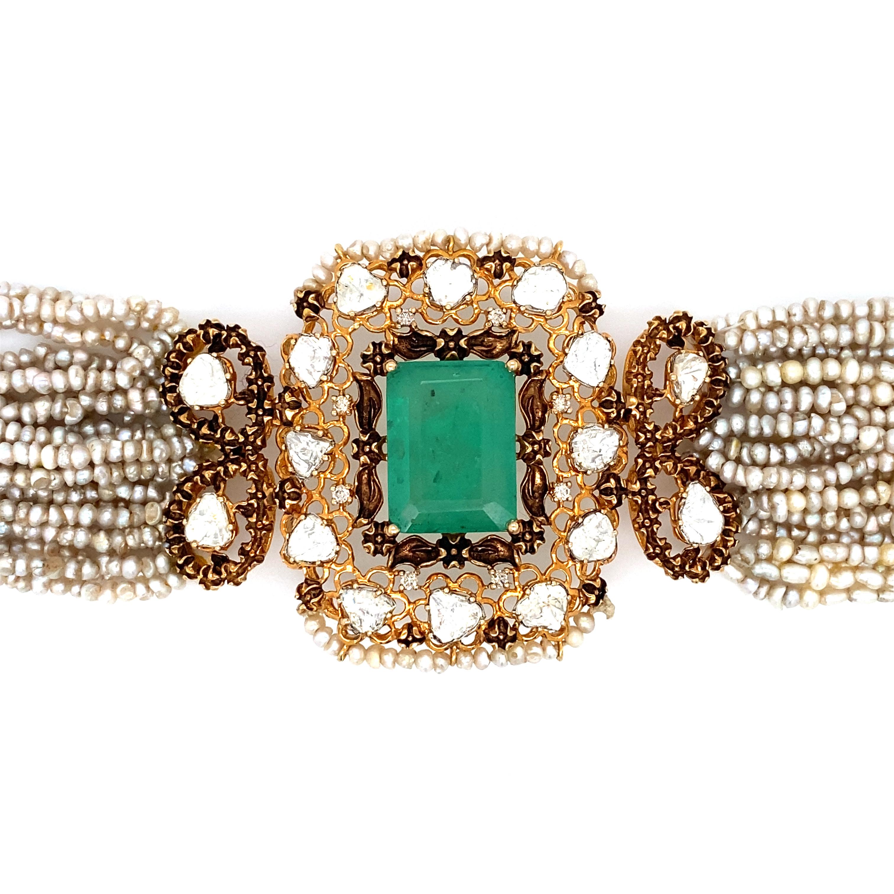 Art Deco Victorian Revival Seed Pearl and Emerald Bracelet in 14 Karat Gold, circa 1950s  For Sale