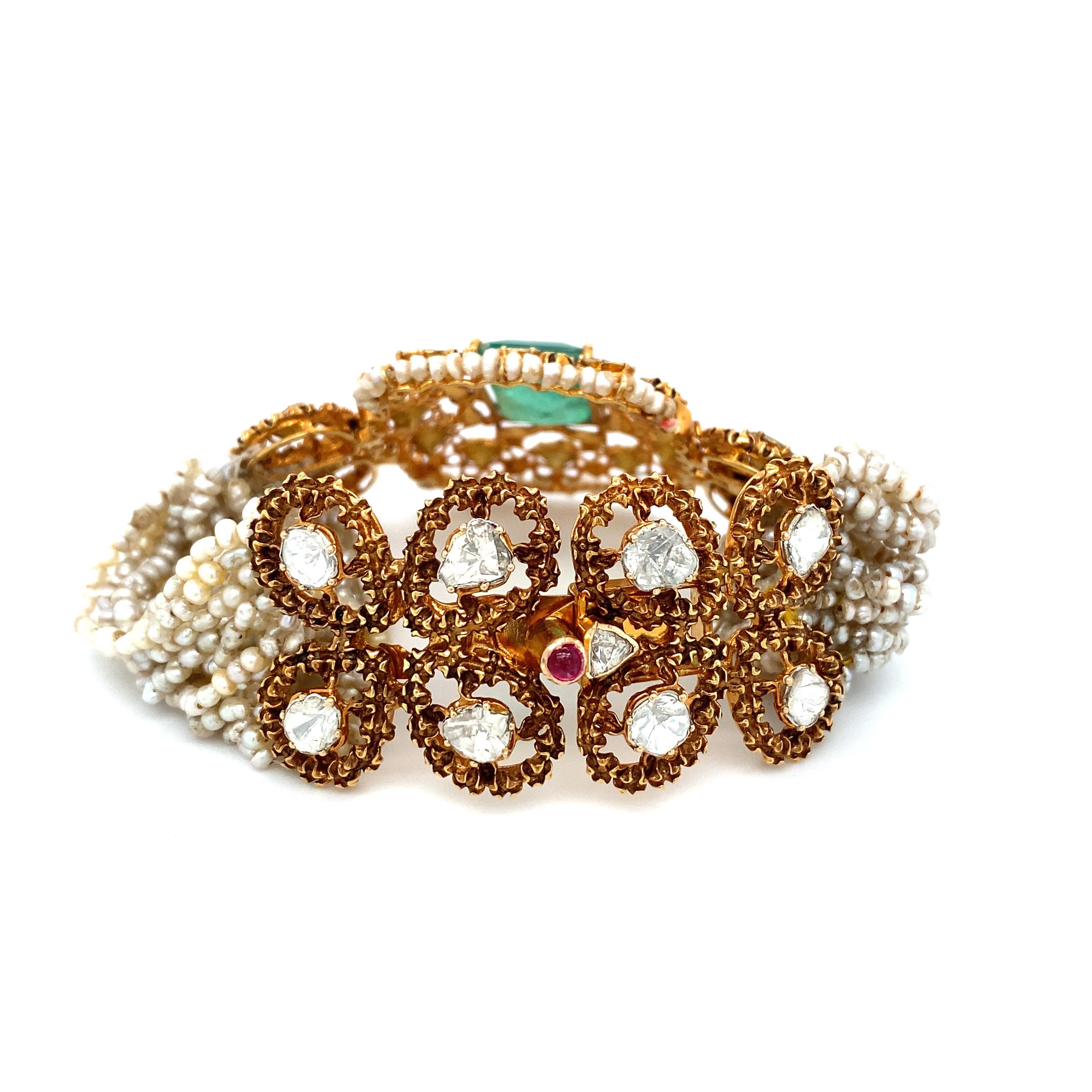 Women's Victorian Revival Seed Pearl and Emerald Bracelet in 14 Karat Gold, circa 1950s  For Sale