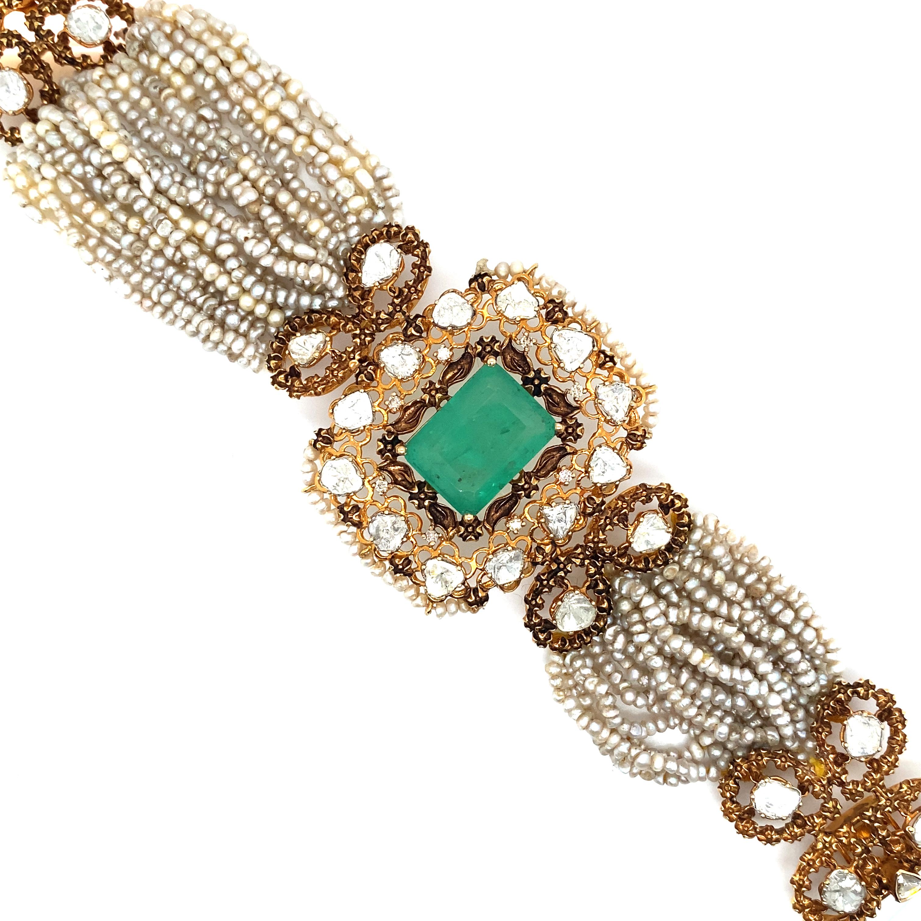 Victorian Revival Seed Pearl and Emerald Bracelet in 14 Karat Gold, circa 1950s  For Sale 1