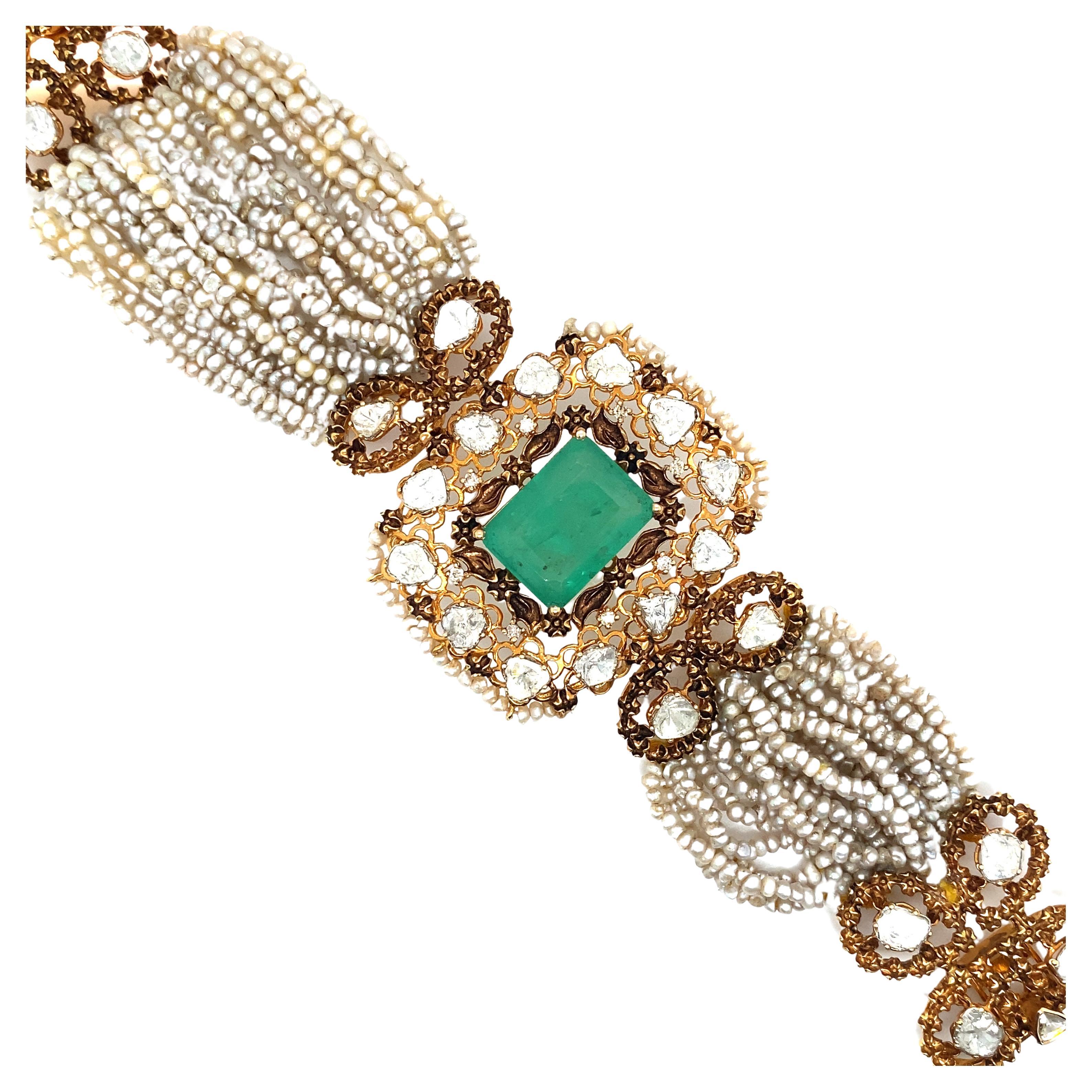 Victorian Revival Seed Pearl and Emerald Bracelet in 14 Karat Gold, circa 1950s  For Sale