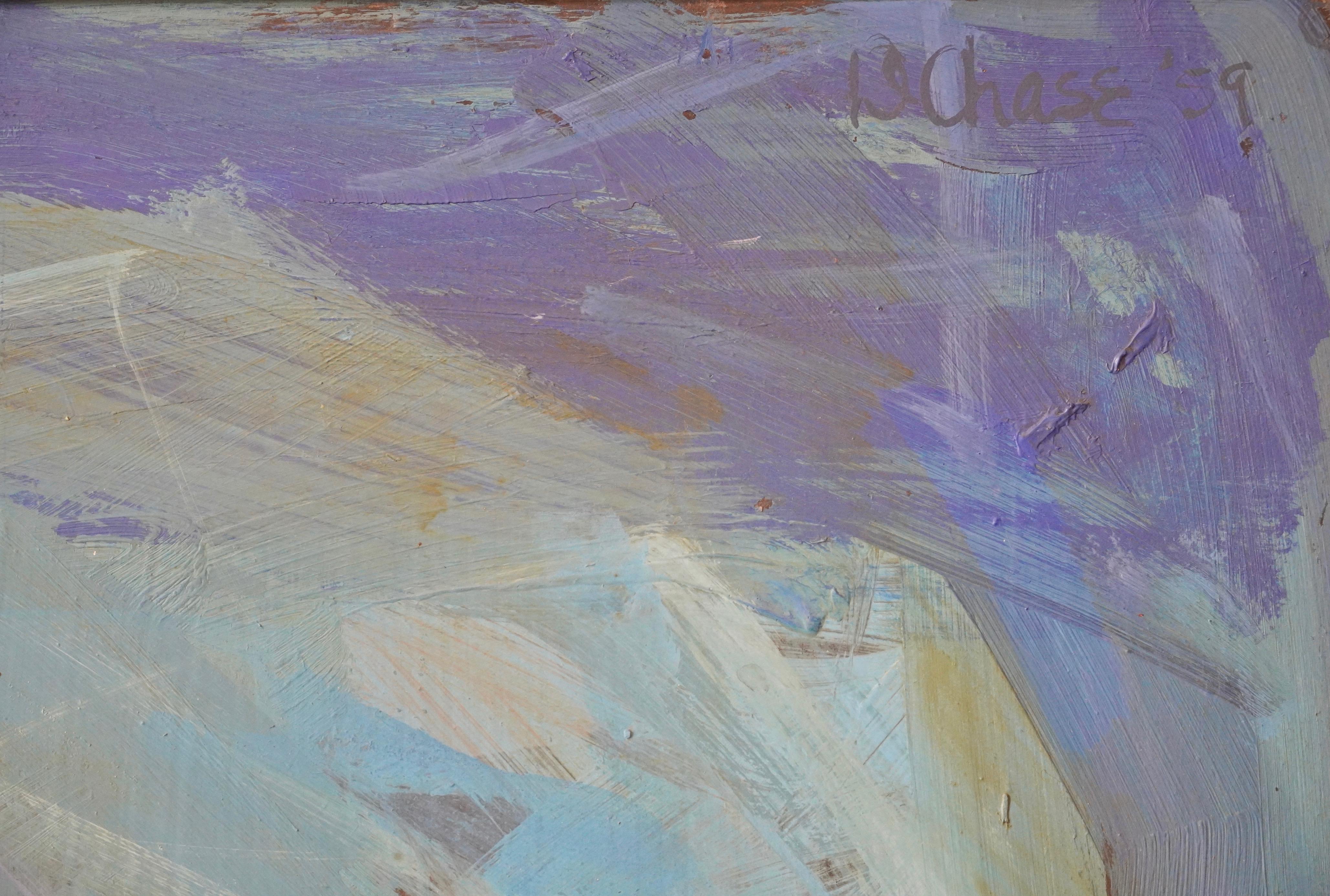 Fait main Peinture à l'huile sur toile - paysage abstrait de Doris Mae Totten Chase, circa 1959