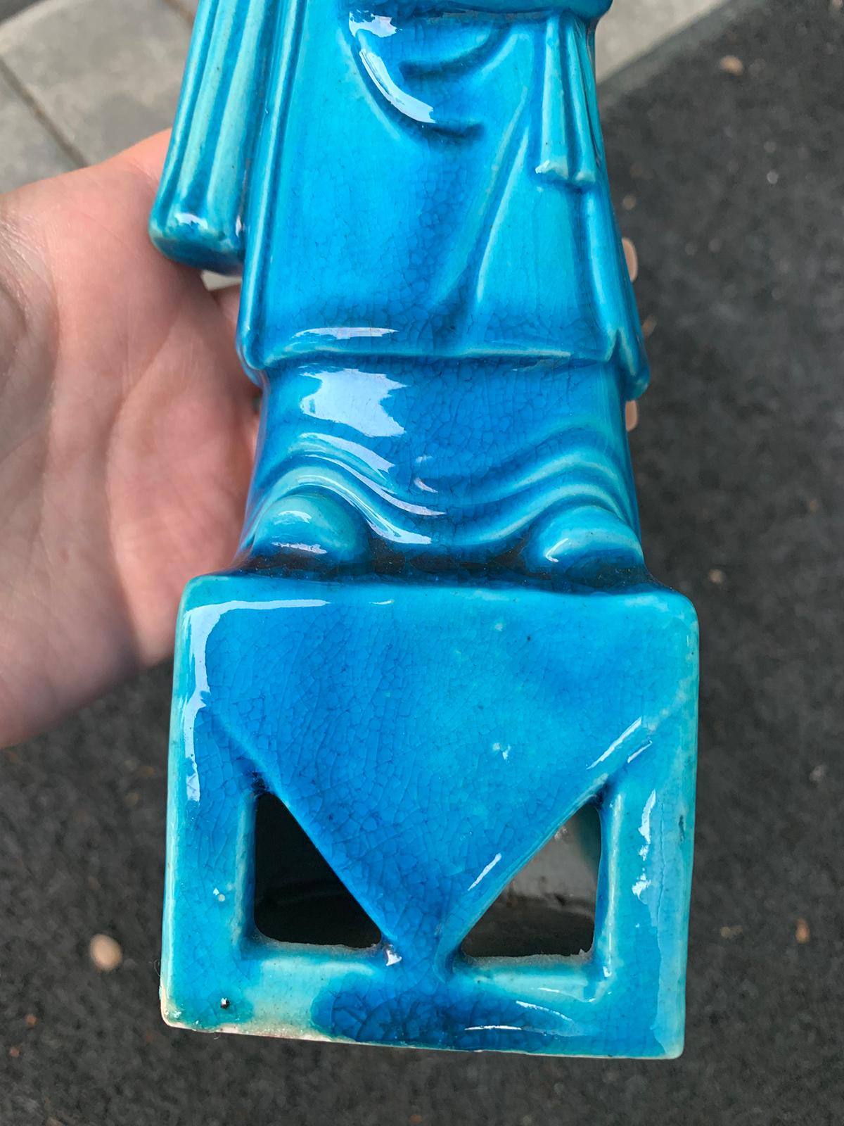Chinese Turquoise Blue Porcelain Standing Buddha Figure Marked circa 1960s-1970s 5