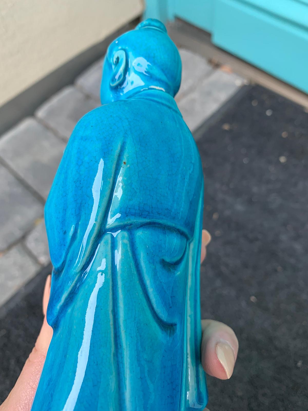 Chinese Turquoise Blue Porcelain Standing Buddha Figure Marked circa 1960s-1970s 6