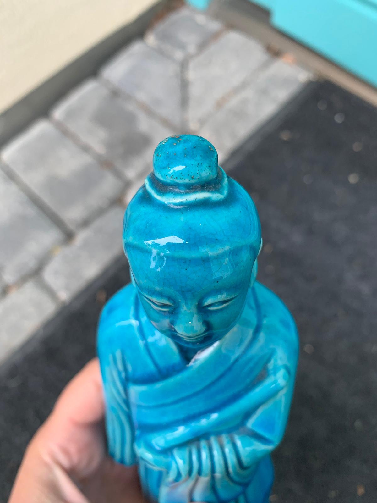 Chinese Turquoise Blue Porcelain Standing Buddha Figure Marked circa 1960s-1970s 7