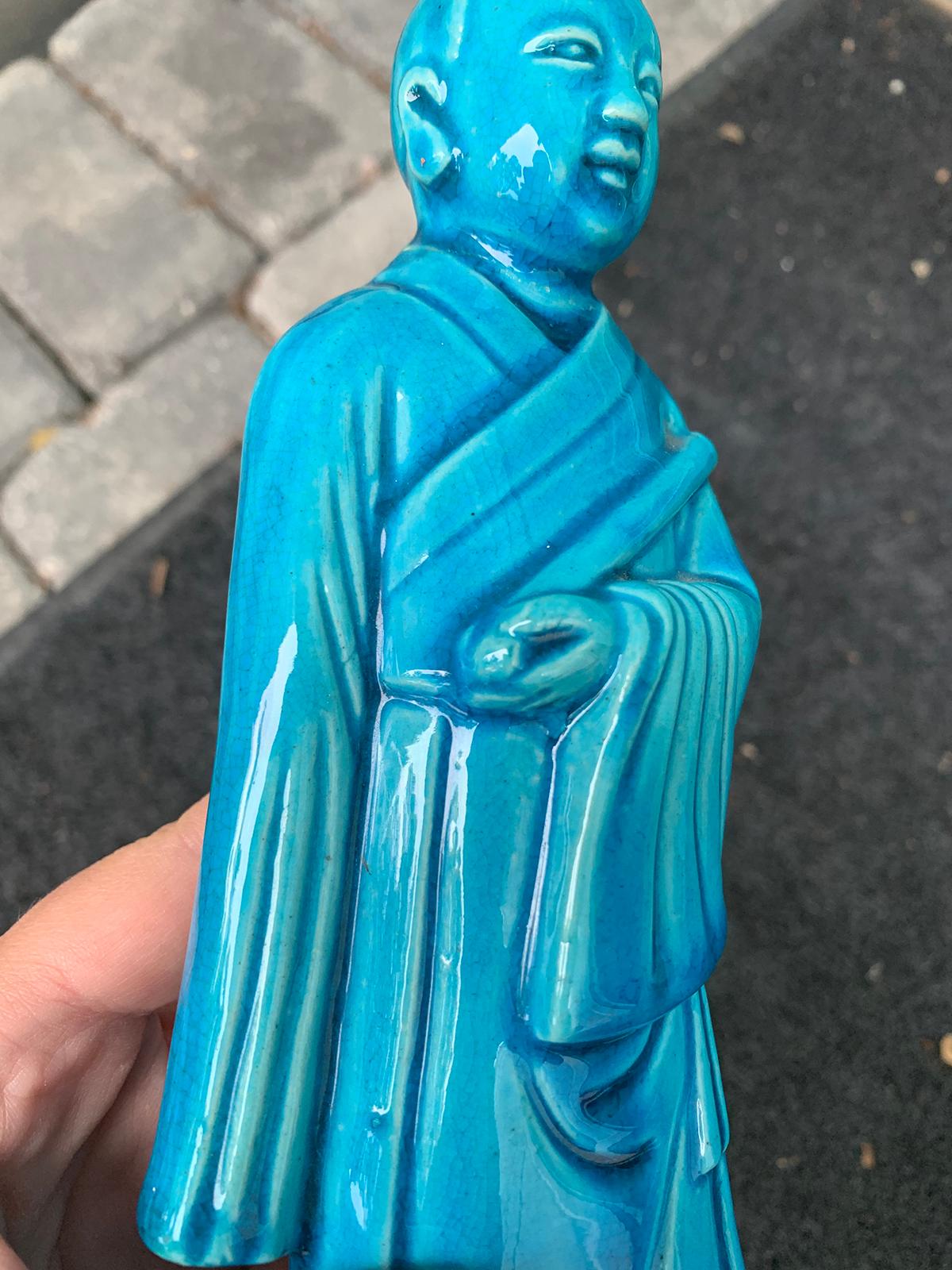 Chinese Turquoise Blue Porcelain Standing Buddha Figure Marked circa 1960s-1970s 8