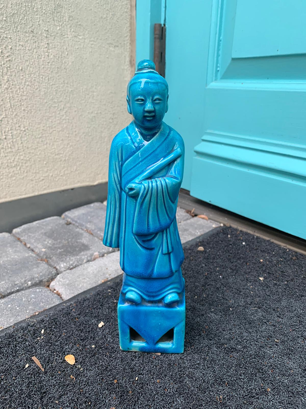 Glazed Chinese Turquoise Blue Porcelain Standing Buddha Figure Marked circa 1960s-1970s