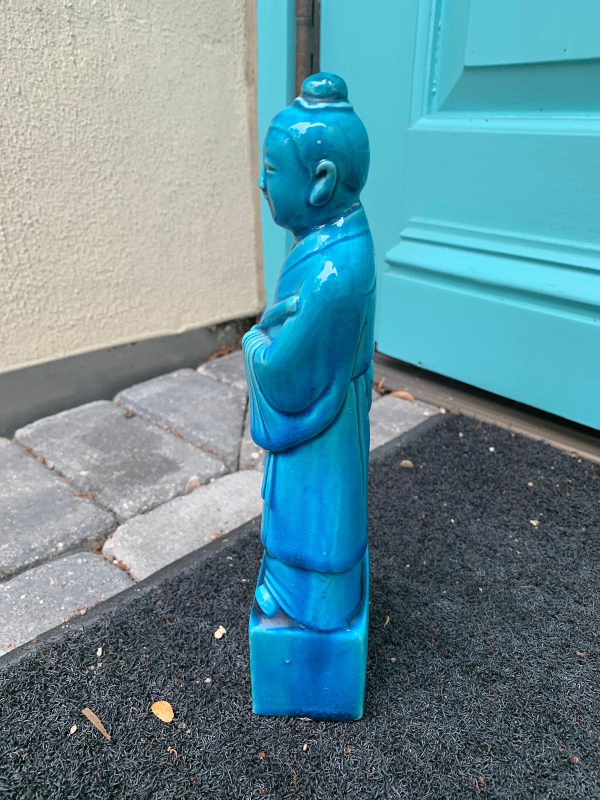 Chinese Turquoise Blue Porcelain Standing Buddha Figure Marked circa 1960s-1970s In Good Condition In Atlanta, GA