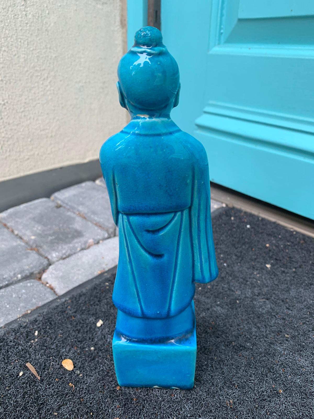 Chinese Turquoise Blue Porcelain Standing Buddha Figure Marked circa 1960s-1970s 2
