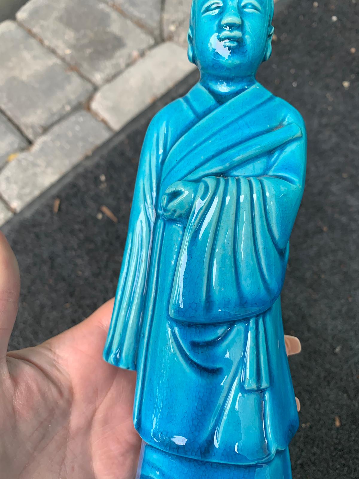 Chinese Turquoise Blue Porcelain Standing Buddha Figure Marked circa 1960s-1970s 4