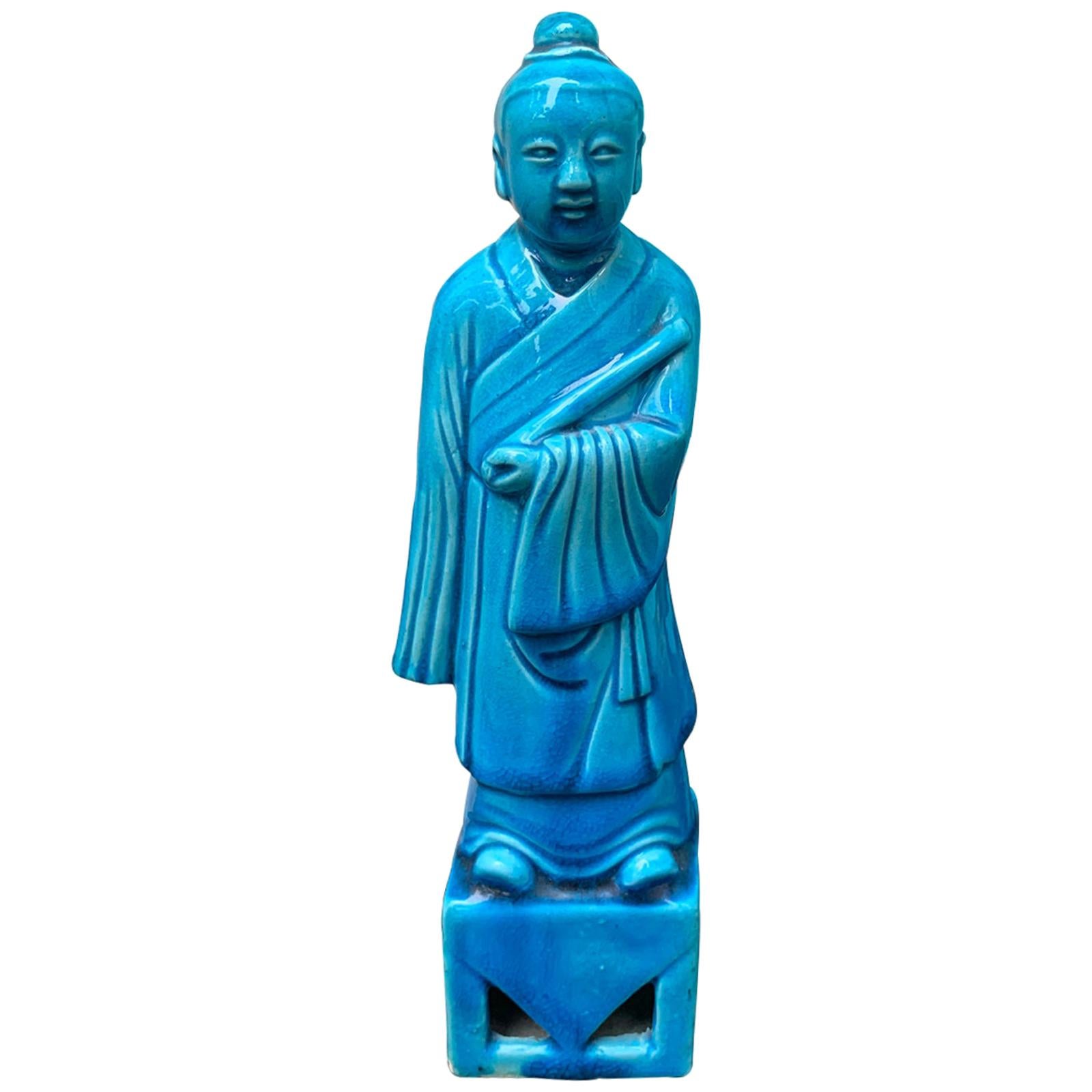 Chinese Turquoise Blue Porcelain Standing Buddha Figure Marked circa 1960s-1970s