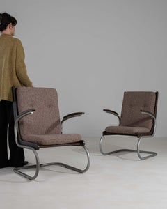 Circa 1960 Black Metal Pair Of Bauhaus Style Cantilever Upholstered