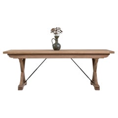 Circa 1960 Bleached Wood Oak Dining Table With Wrought Iron Stretchers