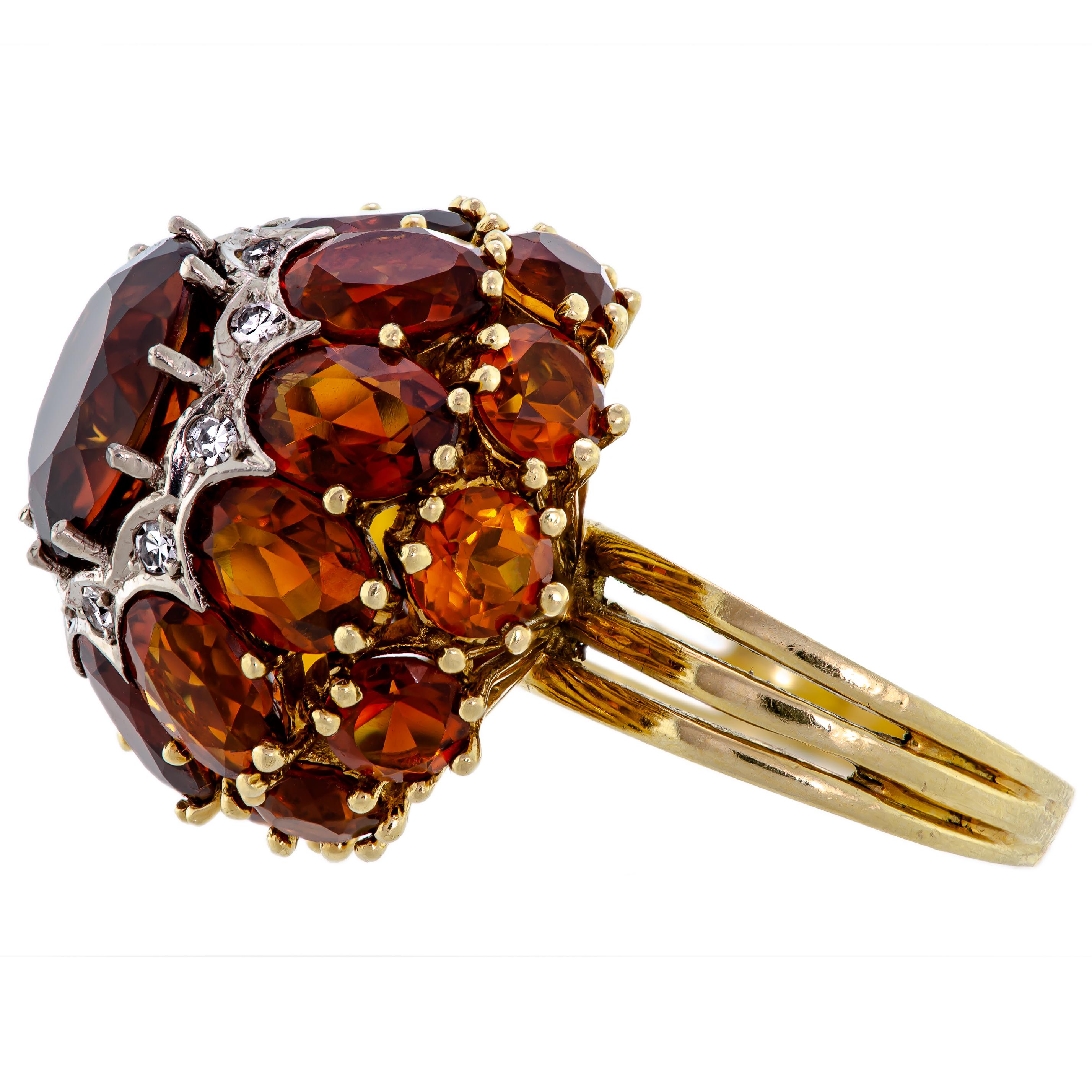 Oval Cut Circa 1960 Citrine Diamond and 18KT Yellow Gold Cocktail Ring For Sale