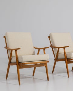 Circa 1960 Cream Wood Pair Of MCM Upholstered Armchairs