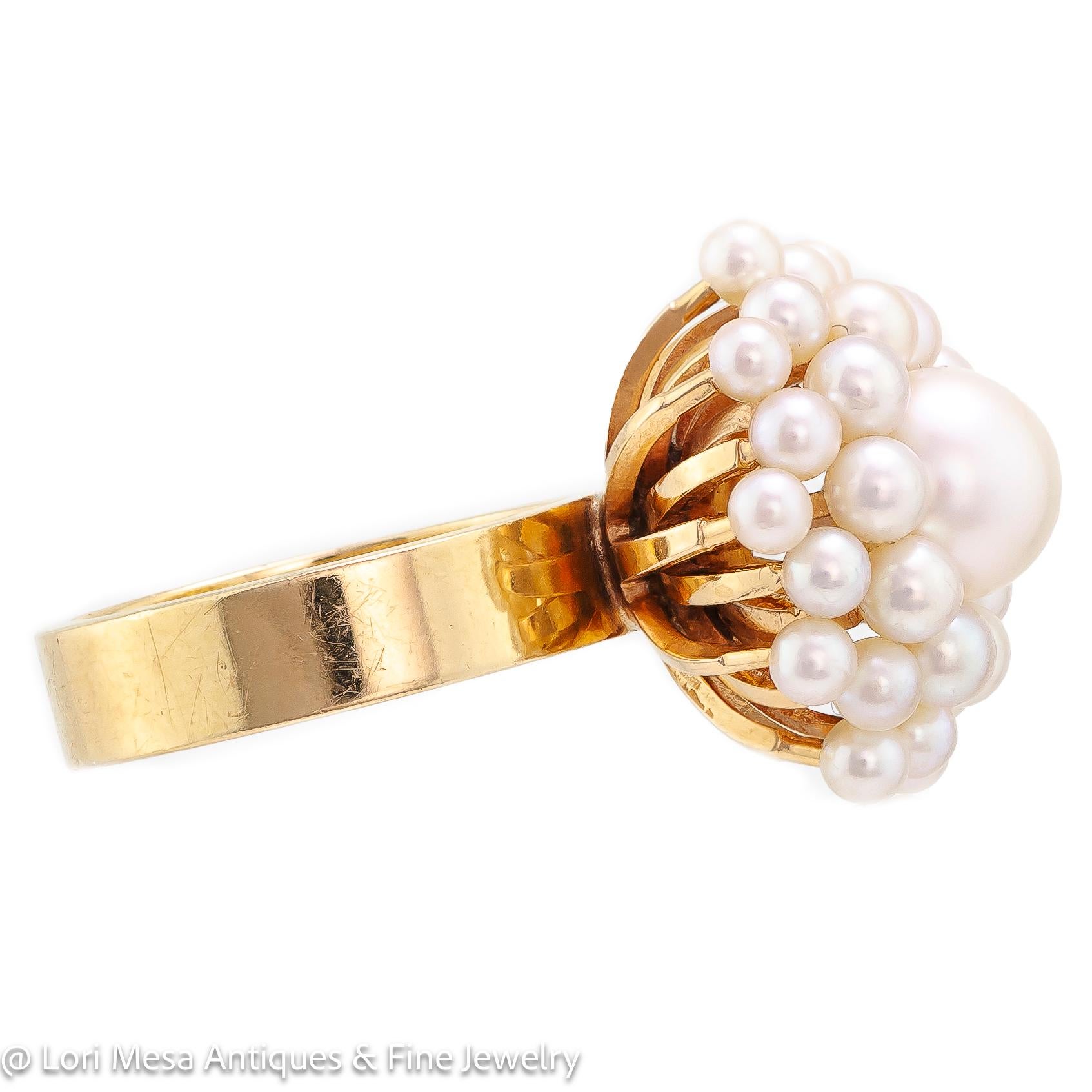Round Cut Circa 1960 Cultured Pearl and Yellow Gold Cluster Ring For Sale