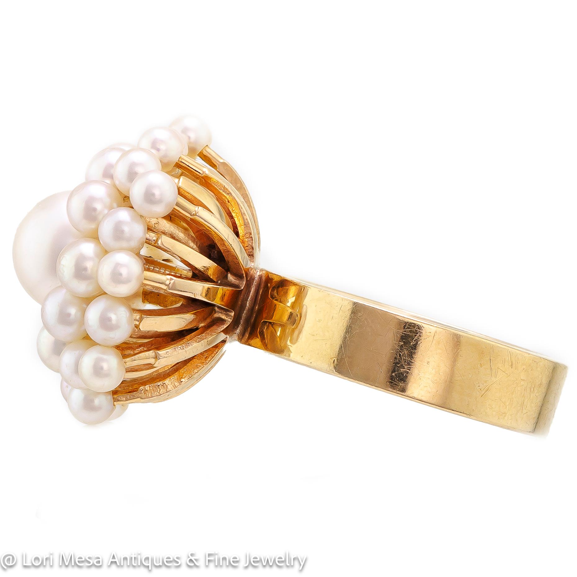 Circa 1960 Cultured Pearl and Yellow Gold Cluster Ring In Good Condition For Sale In Wheaton, IL