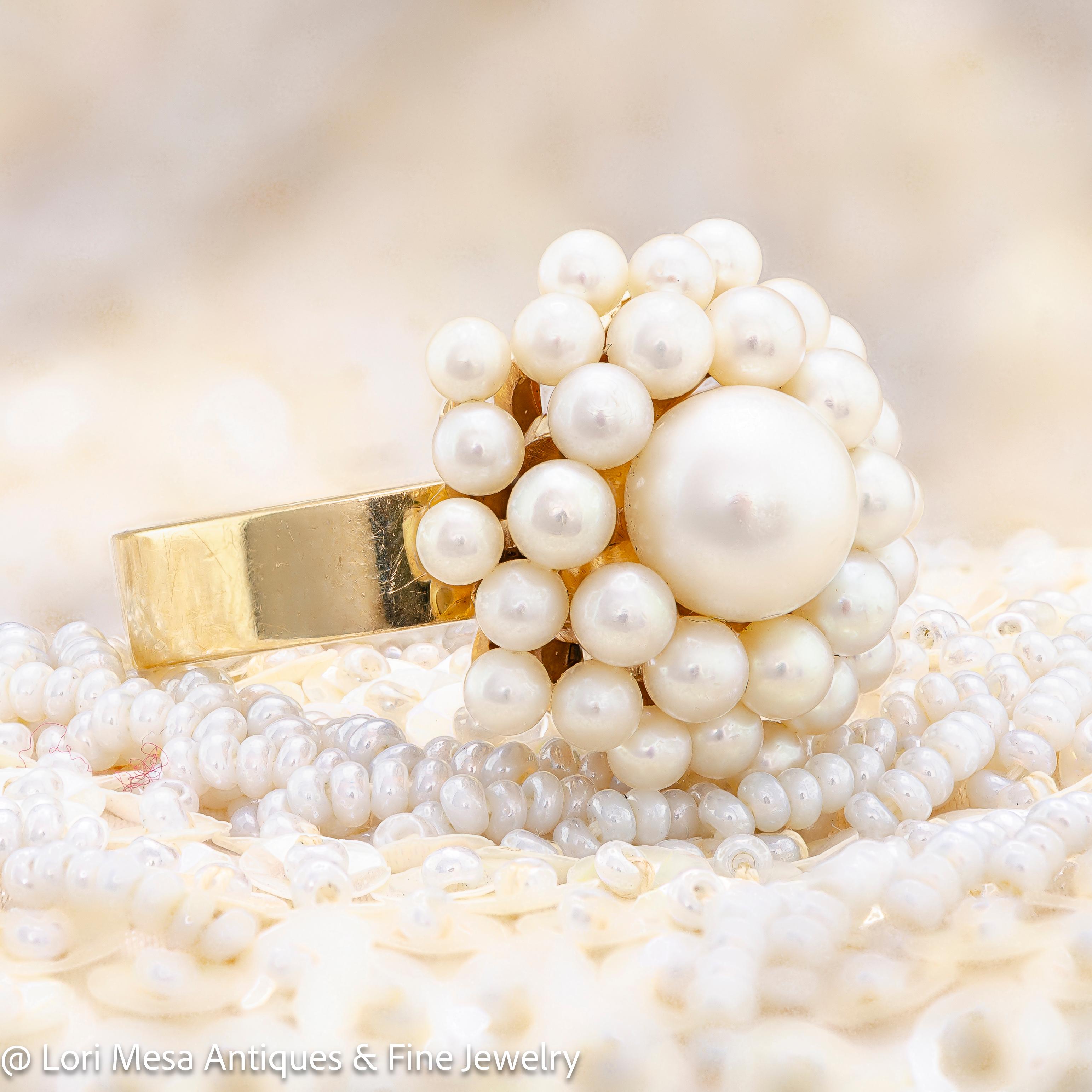 Circa 1960 Cultured Pearl and Yellow Gold Cluster Ring For Sale 1
