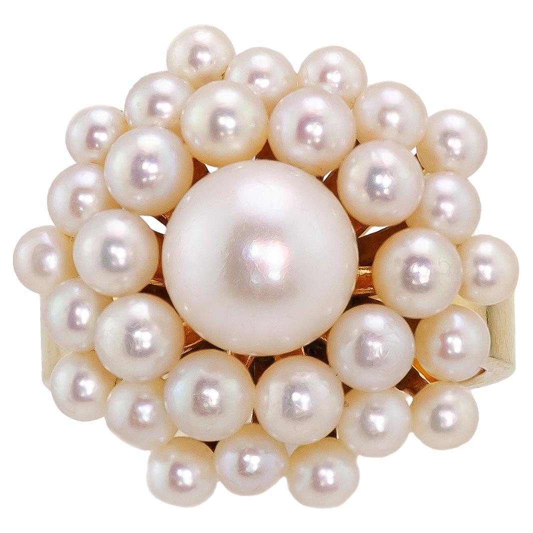 Circa 1960 Cultured Pearl and Yellow Gold Cluster Ring For Sale