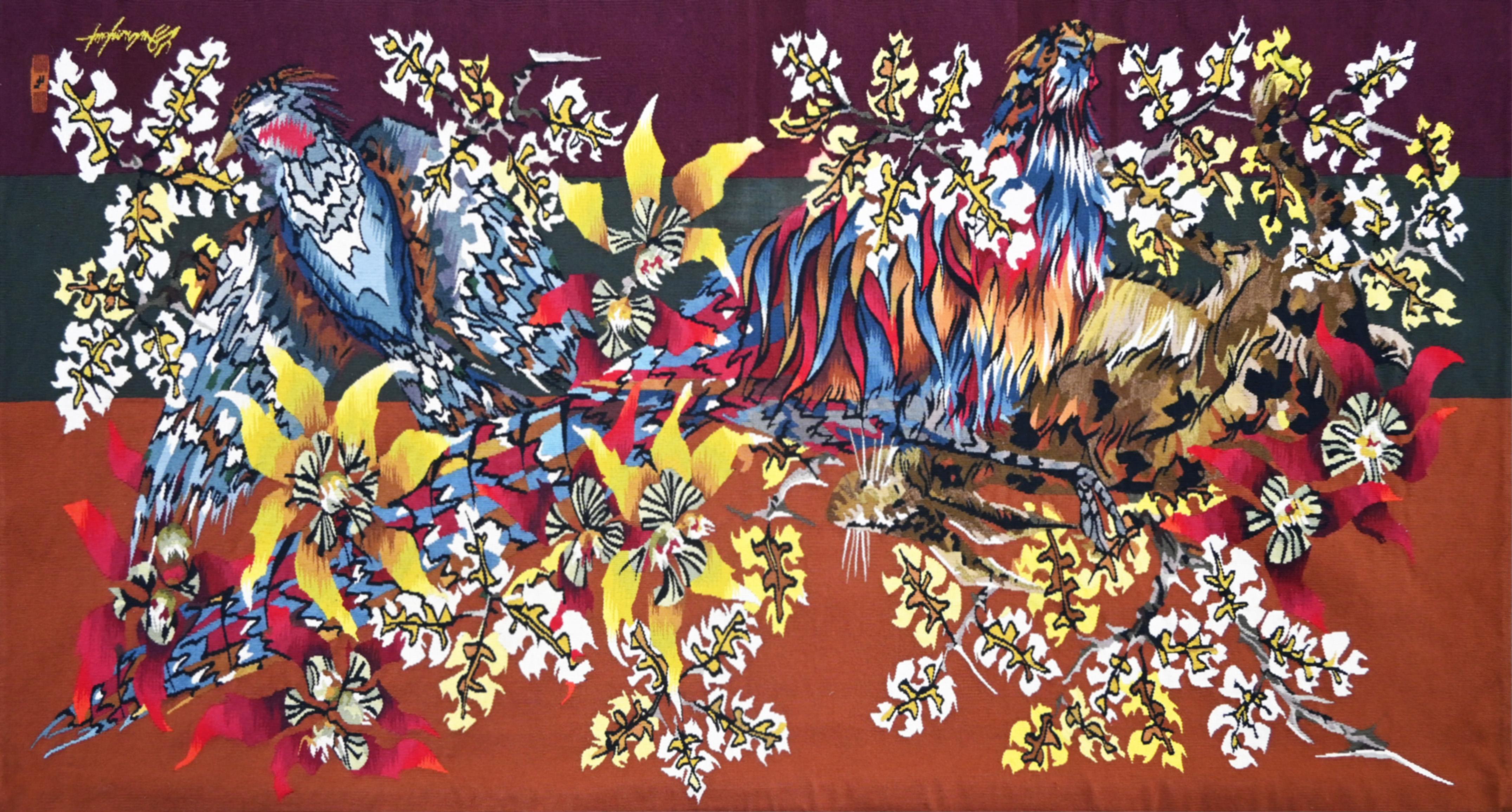 CIRCA 1960 Edmond DUBRUNFAUT Wandteppich Fasan Blume Französisch Wolle handgewebt im Angebot 4