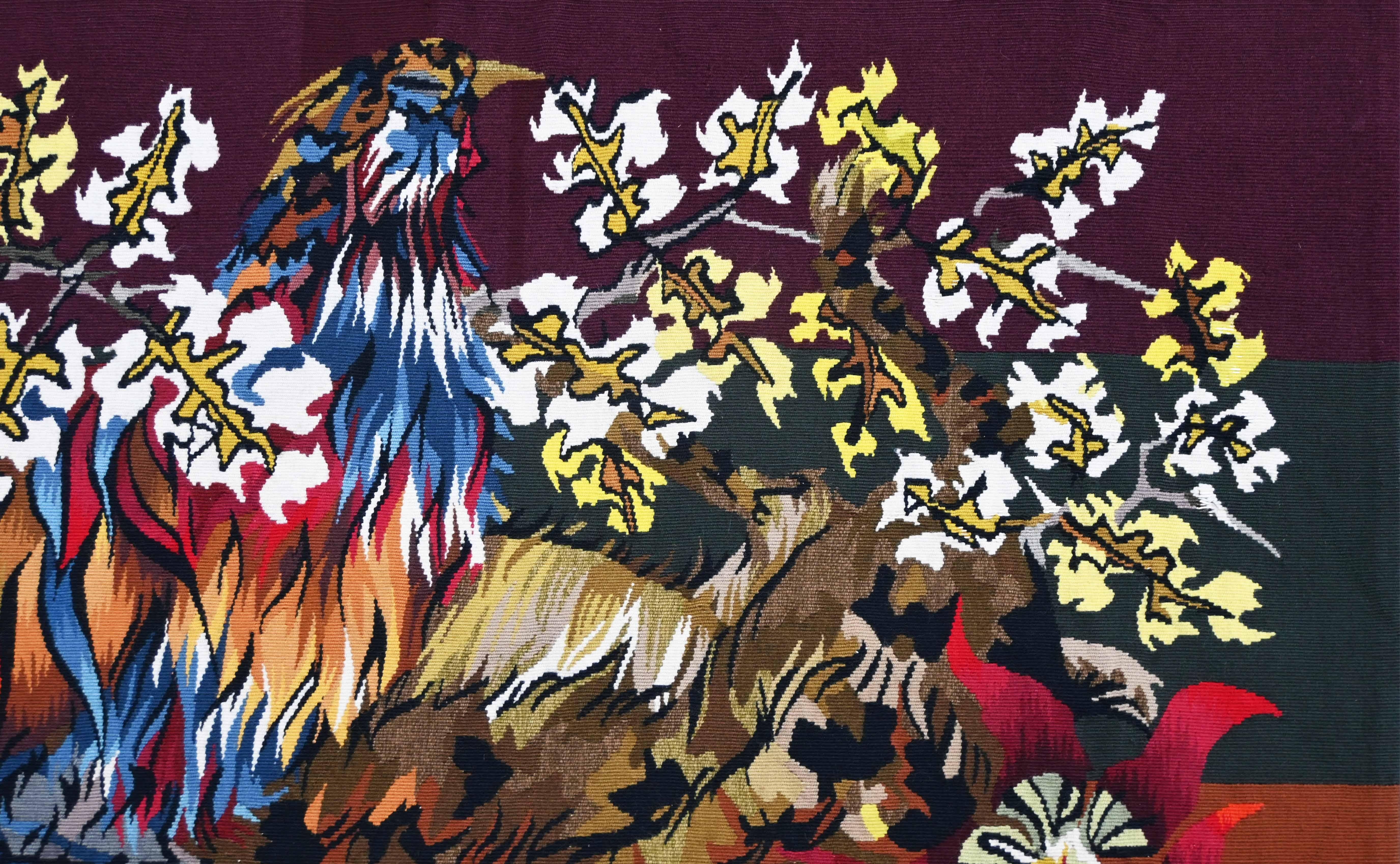 CIRCA 1960 Edmond DUBRUNFAUT Wandteppich Fasan Blume Französisch Wolle handgewebt (Moderne) im Angebot