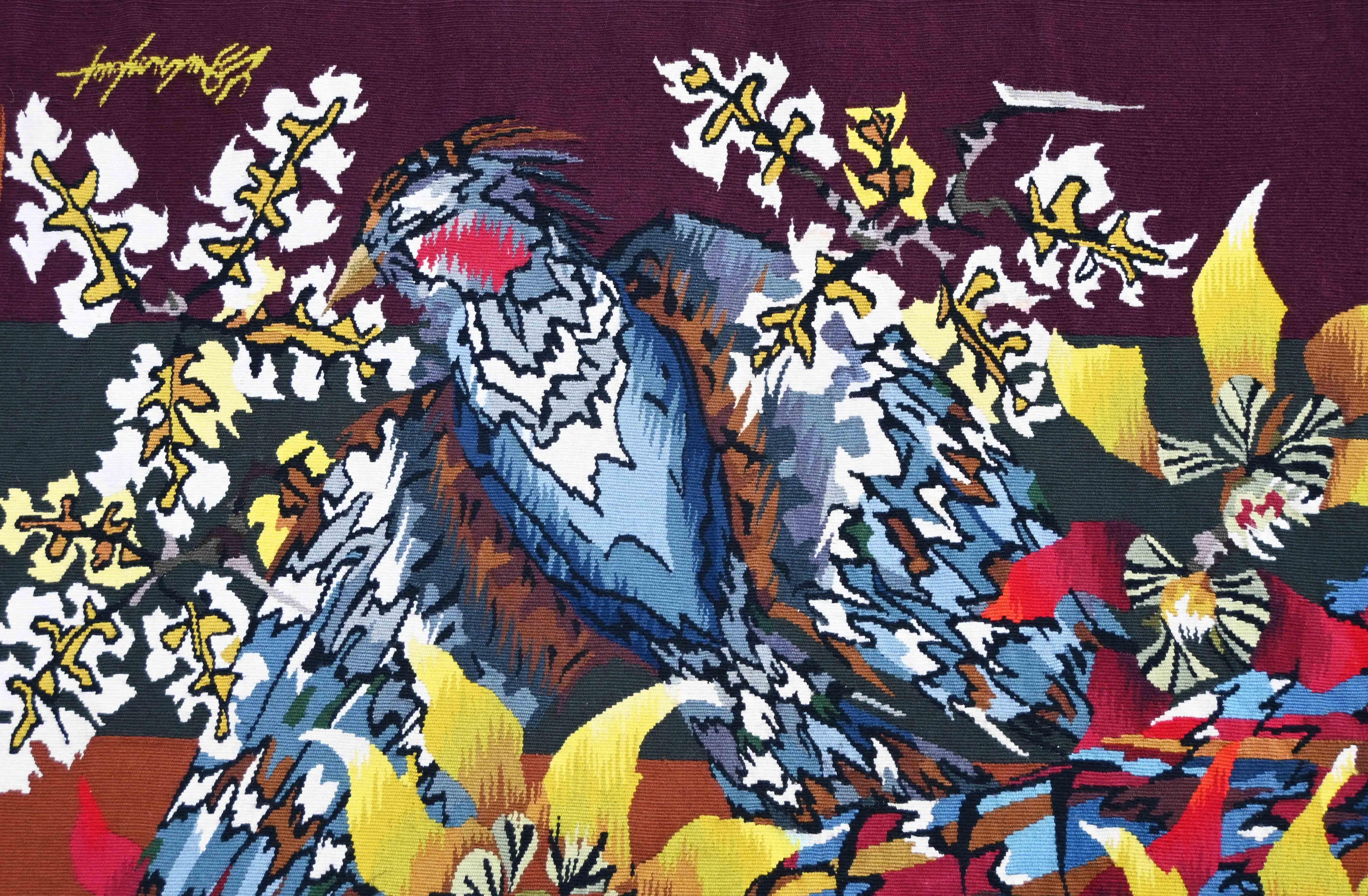 CIRCA 1960 Edmond DUBRUNFAUT Wandteppich Fasan Blume Französisch Wolle handgewebt (Handgewebt) im Angebot