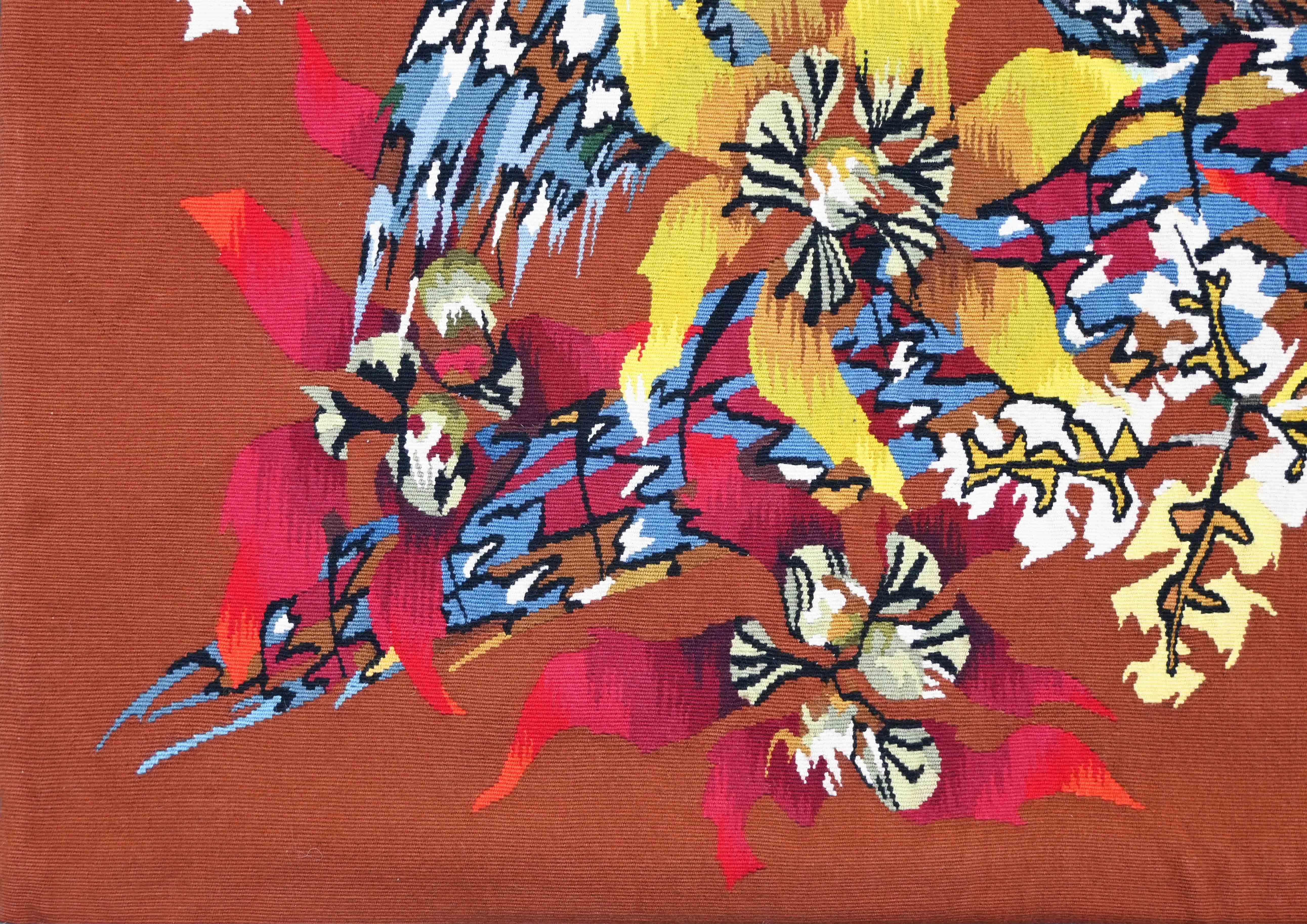 CIRCA 1960 Edmond DUBRUNFAUT Wandteppich Fasan Blume Französisch Wolle handgewebt im Zustand „Hervorragend“ im Angebot in Paris, FR