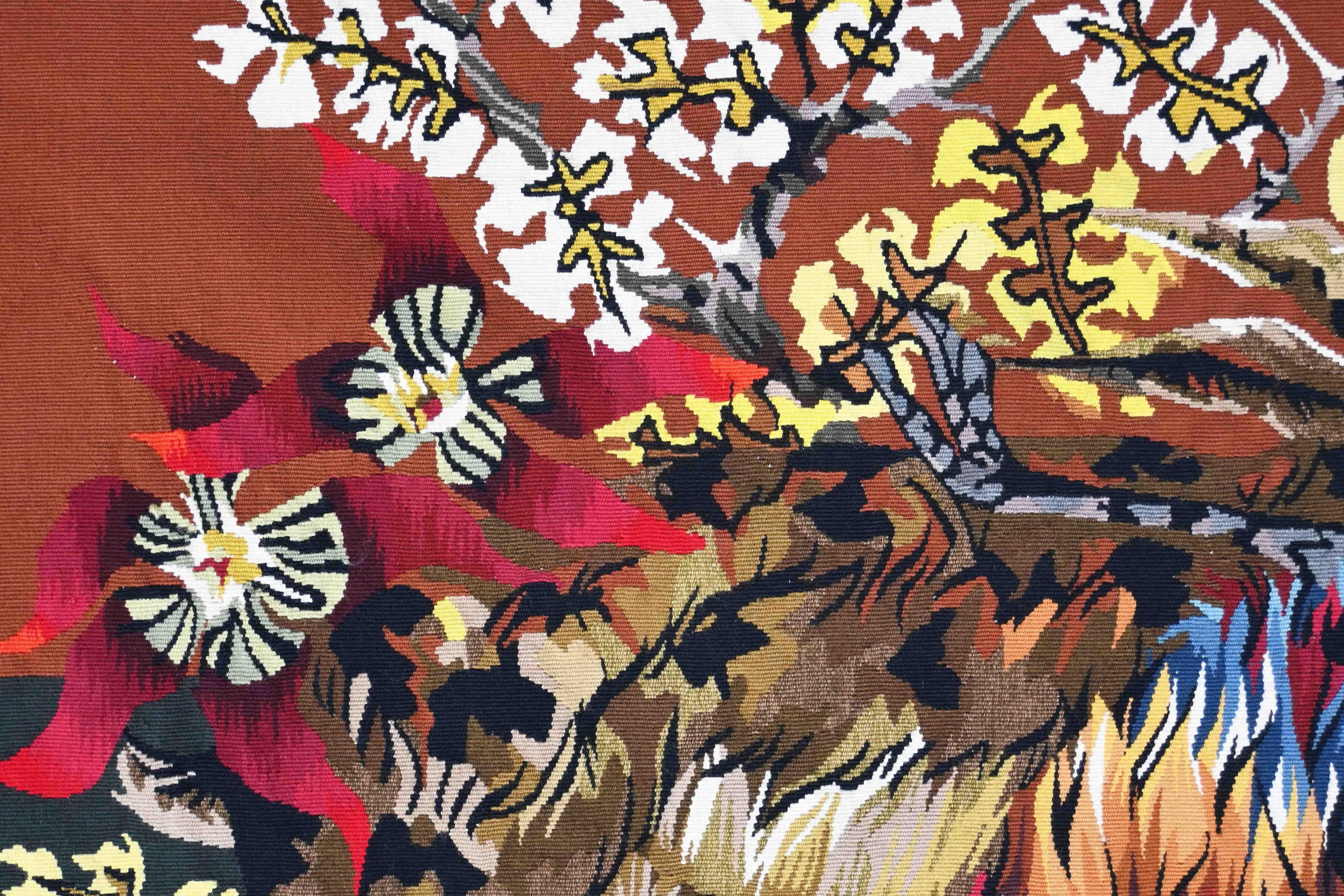 CIRCA 1960 Edmond DUBRUNFAUT Wandteppich Fasan Blume Französisch Wolle handgewebt im Angebot 1