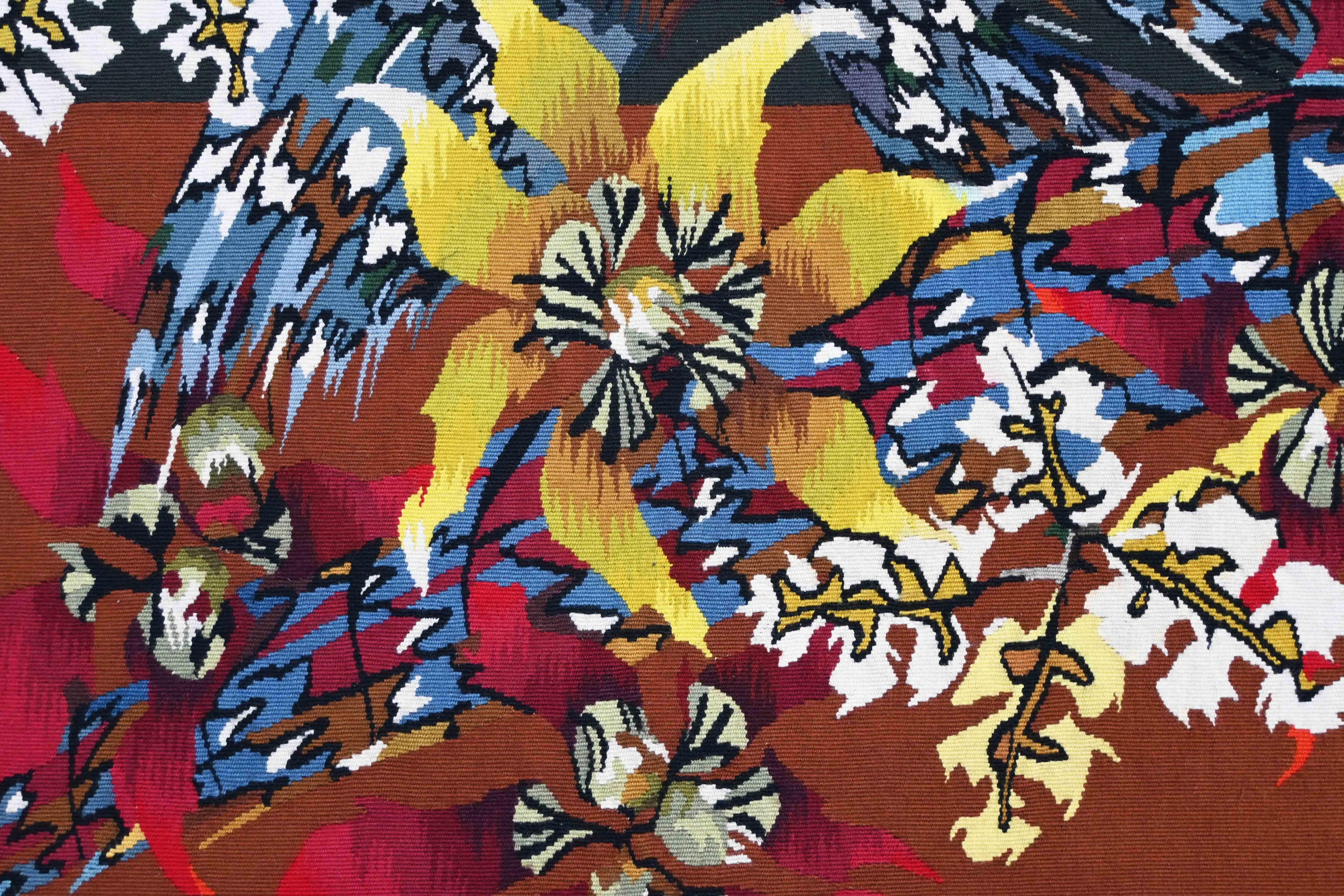 CIRCA 1960 Edmond DUBRUNFAUT Wandteppich Fasan Blume Französisch Wolle handgewebt im Angebot 2