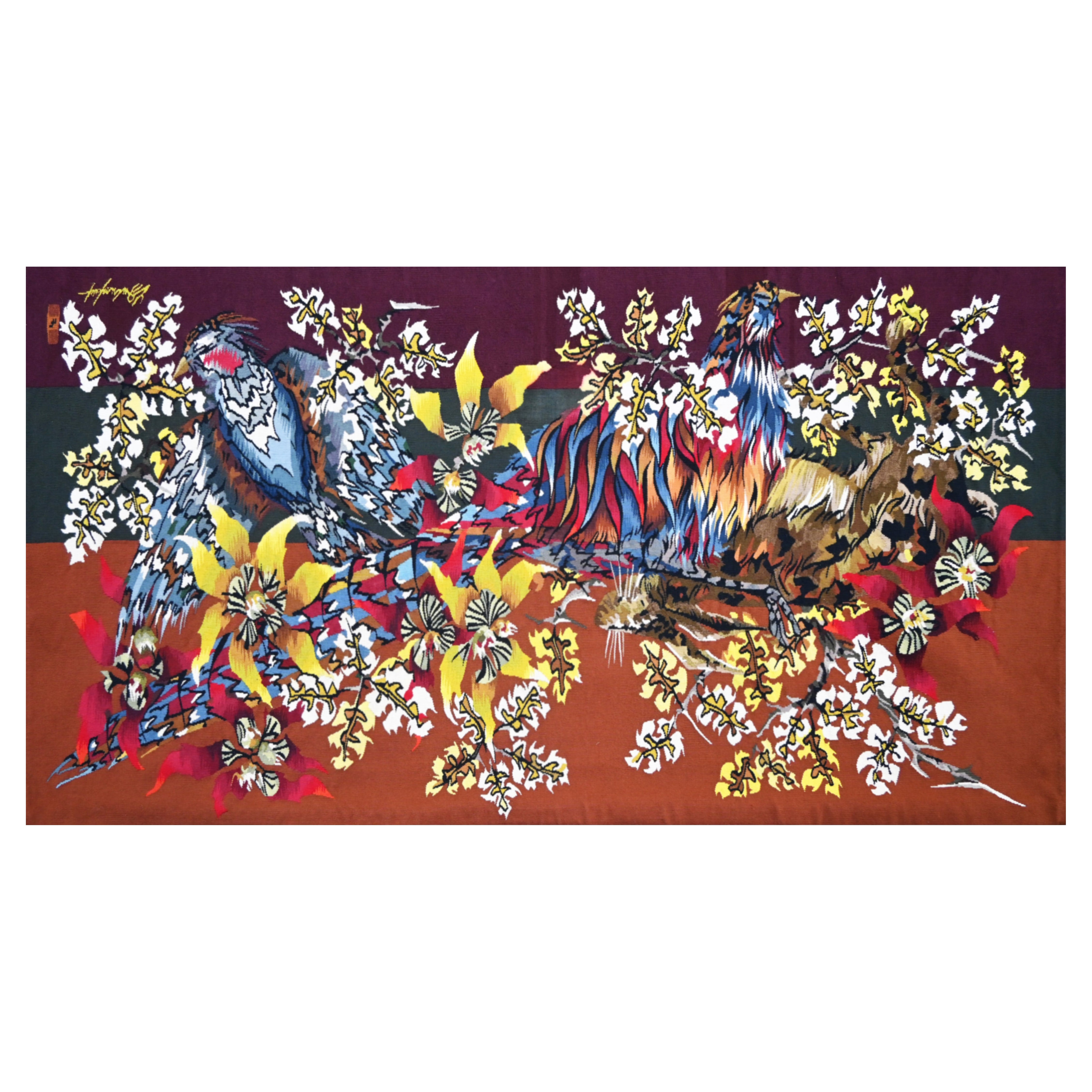 Circa 1960 Edmond DUBRUNFAUT Tapestry pheasant Flower French wool hand woven