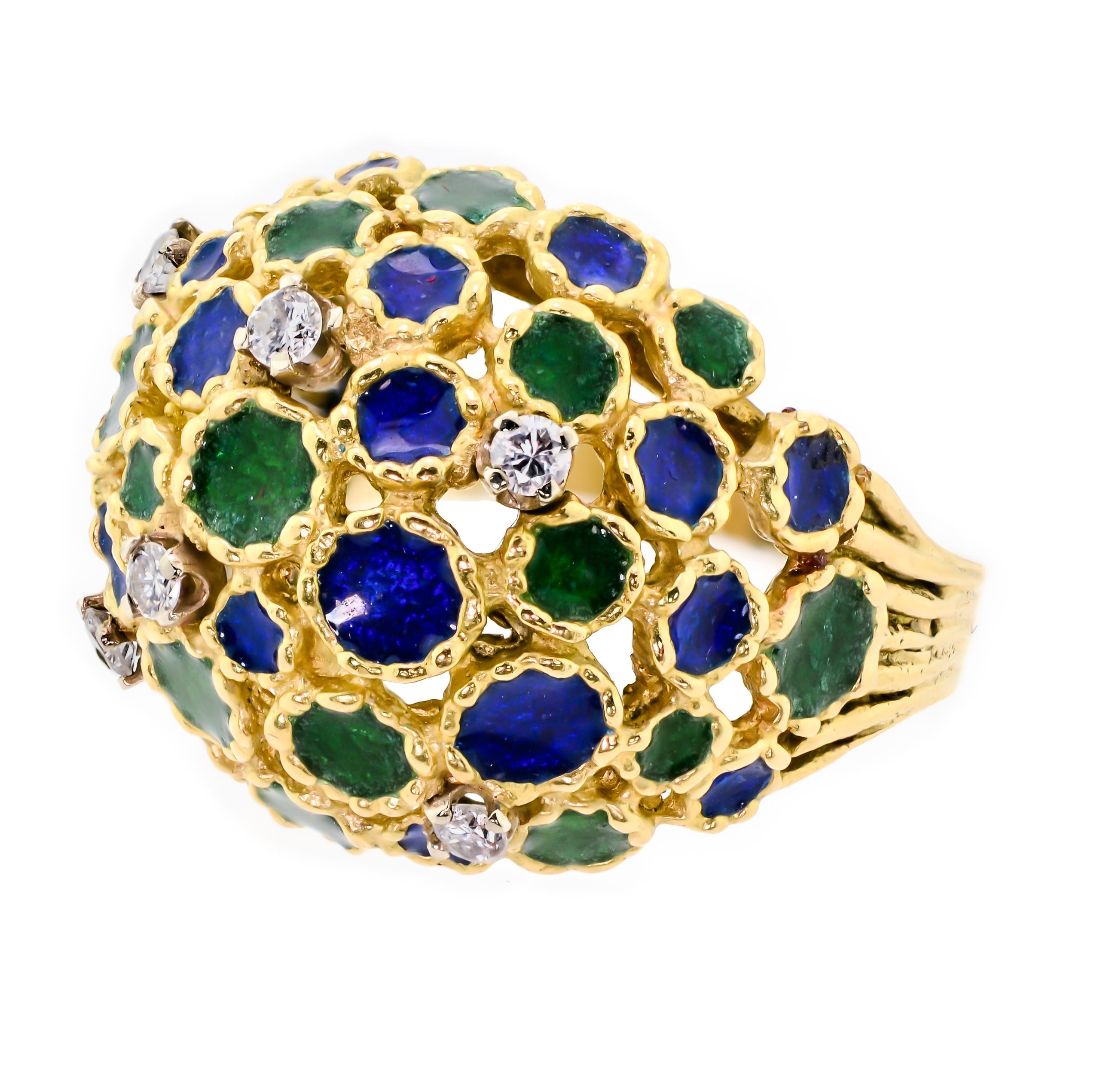 Cool, fun and funky are the perfect words to describe this Circa 1960 14kt yellow gold, diamond, blue, and green enamel dome-shaped bombe ring. This delightful, colorful ring is set with six modern cut diamonds that dazzle and sparkle amongst the